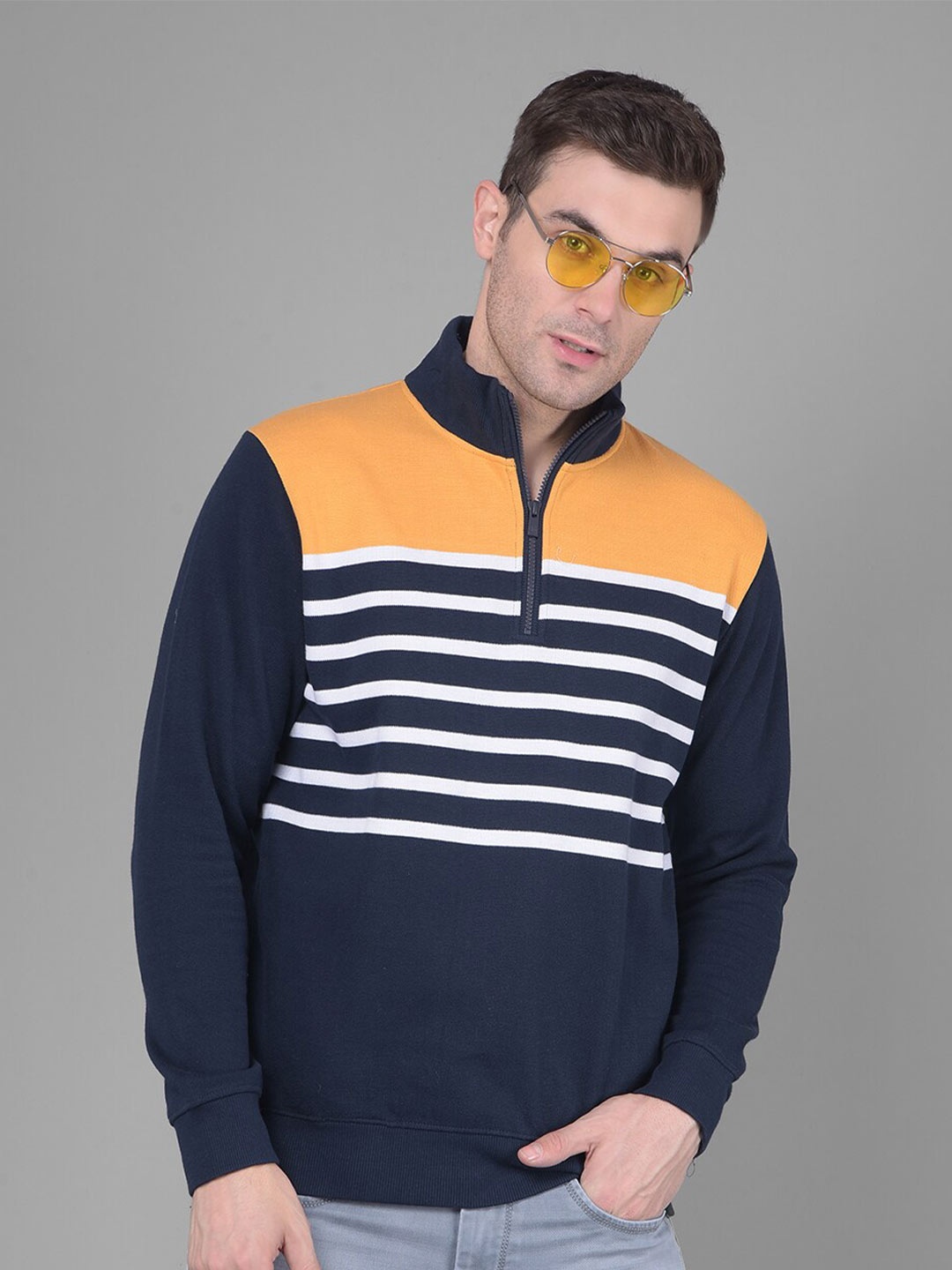 

Crimsoune Club Striped Mock Collar Pullover Sweatshirt, Mustard