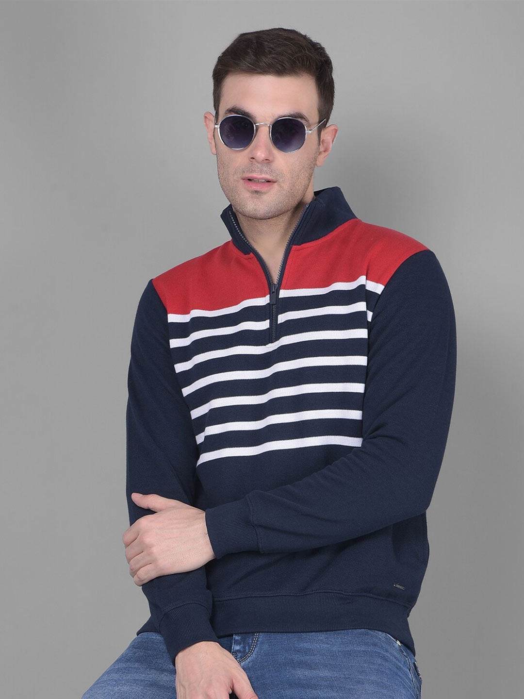 

Crimsoune Club Striped Mock Collar Pullover Sweatshirt, Navy blue
