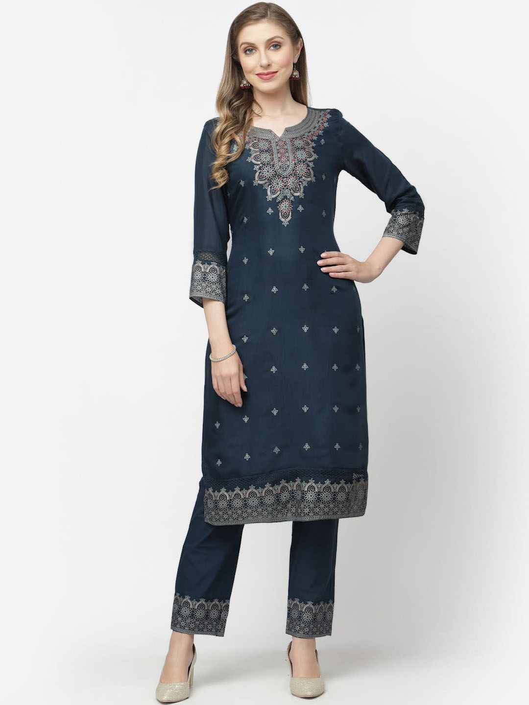

WEAVERS SAGA Ethnic Motifs Printed Mirror Work Pure Cotton Kurta With Trousers, Blue