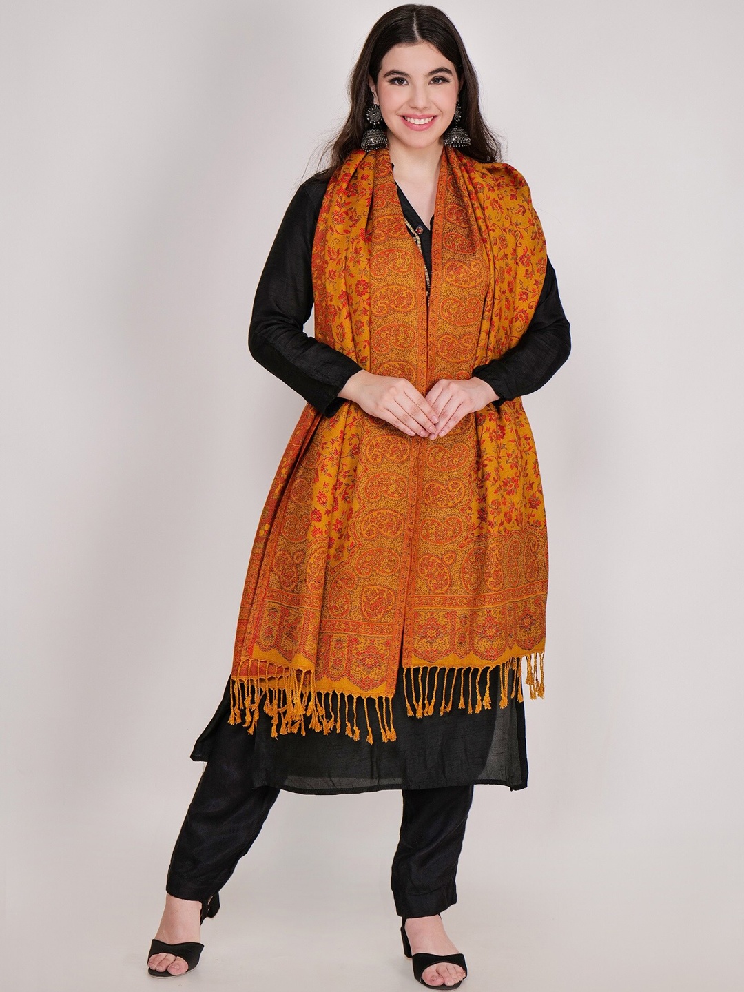 

DRIRO Floral Printed Acrylic Shawl, Mustard