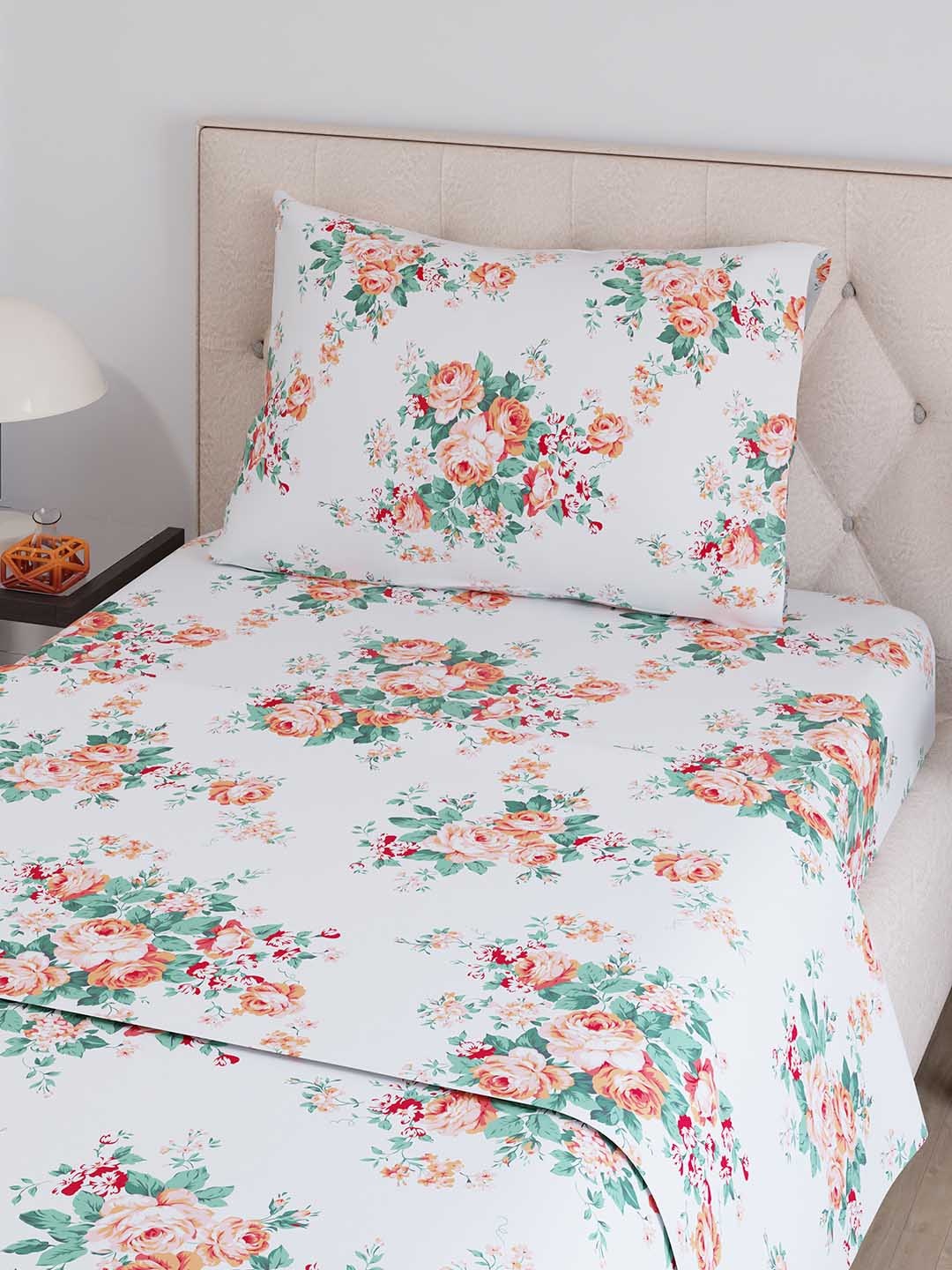 

Layers Zen White & Orange Floral 225 TC Single Bedsheet with 1 Pillow Cover