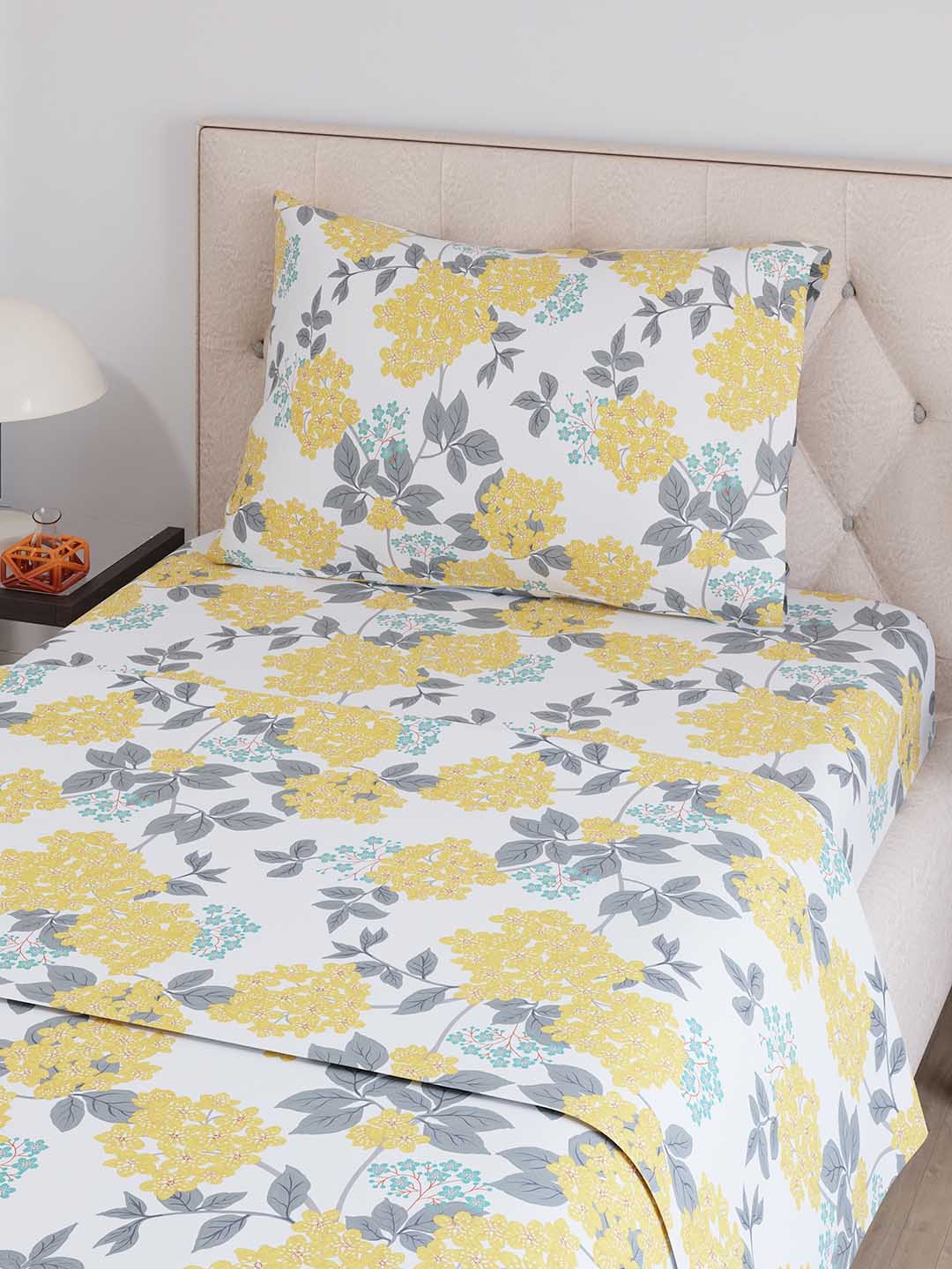 

Layers Zen White & Yellow Floral 225 TC Single Bedsheet with 1 Pillow Cover