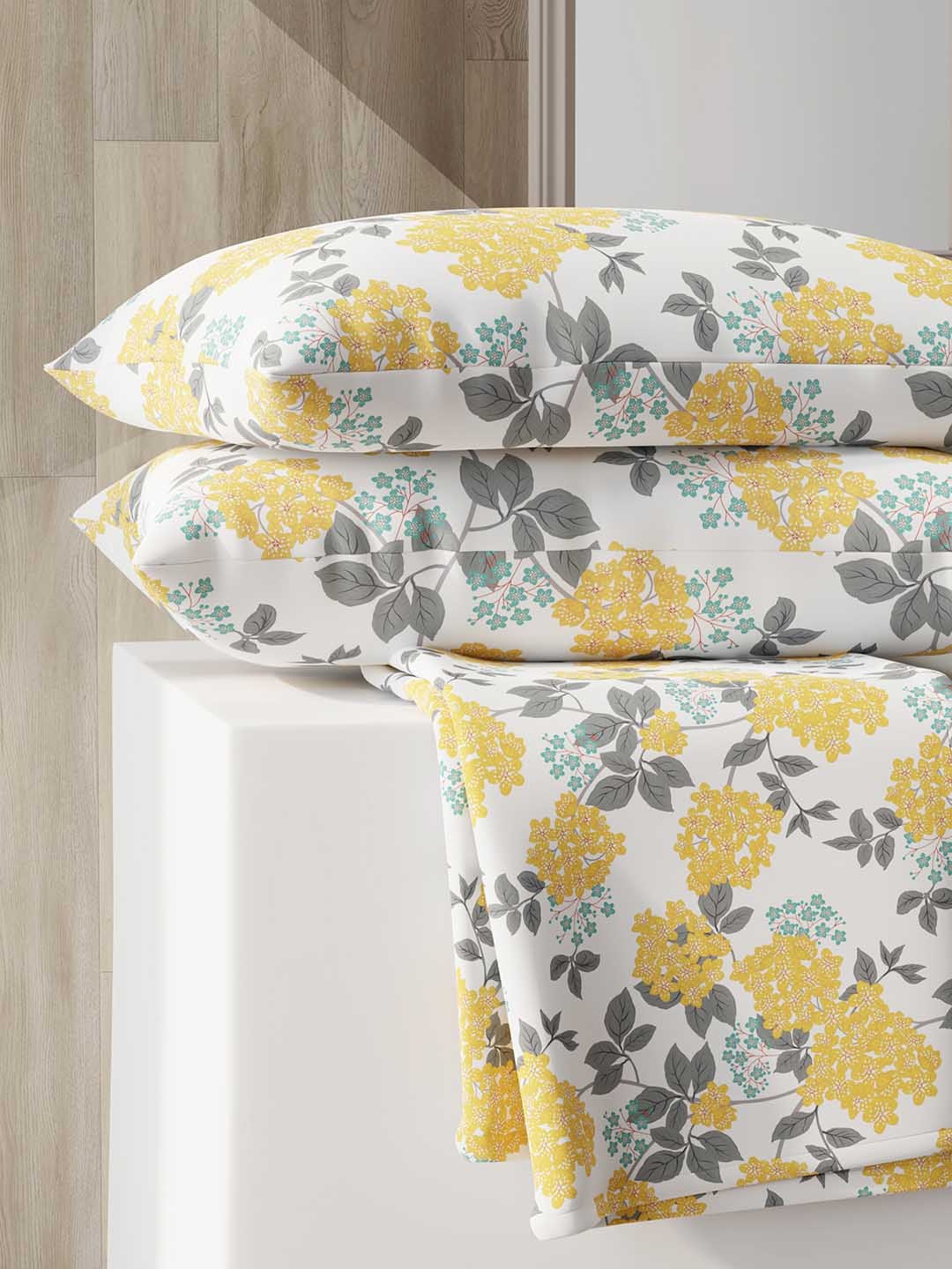 

Layers Zen White & Yellow Floral 225 TC Double Bedsheet with 2 Pillow Covers