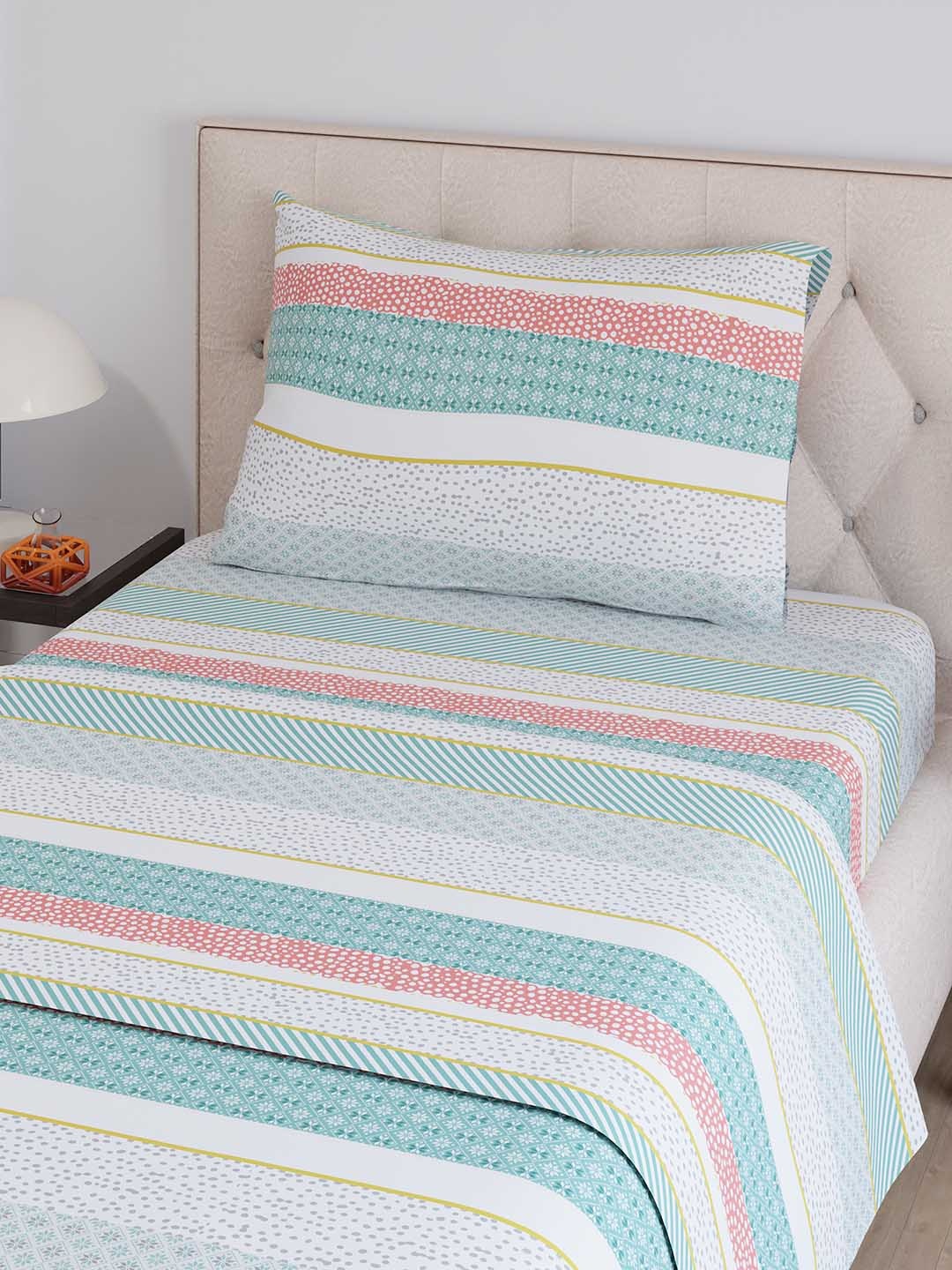 

Layers Zen Green & White Striped 225 TC Single Bedsheet with 1 Pillow Cover