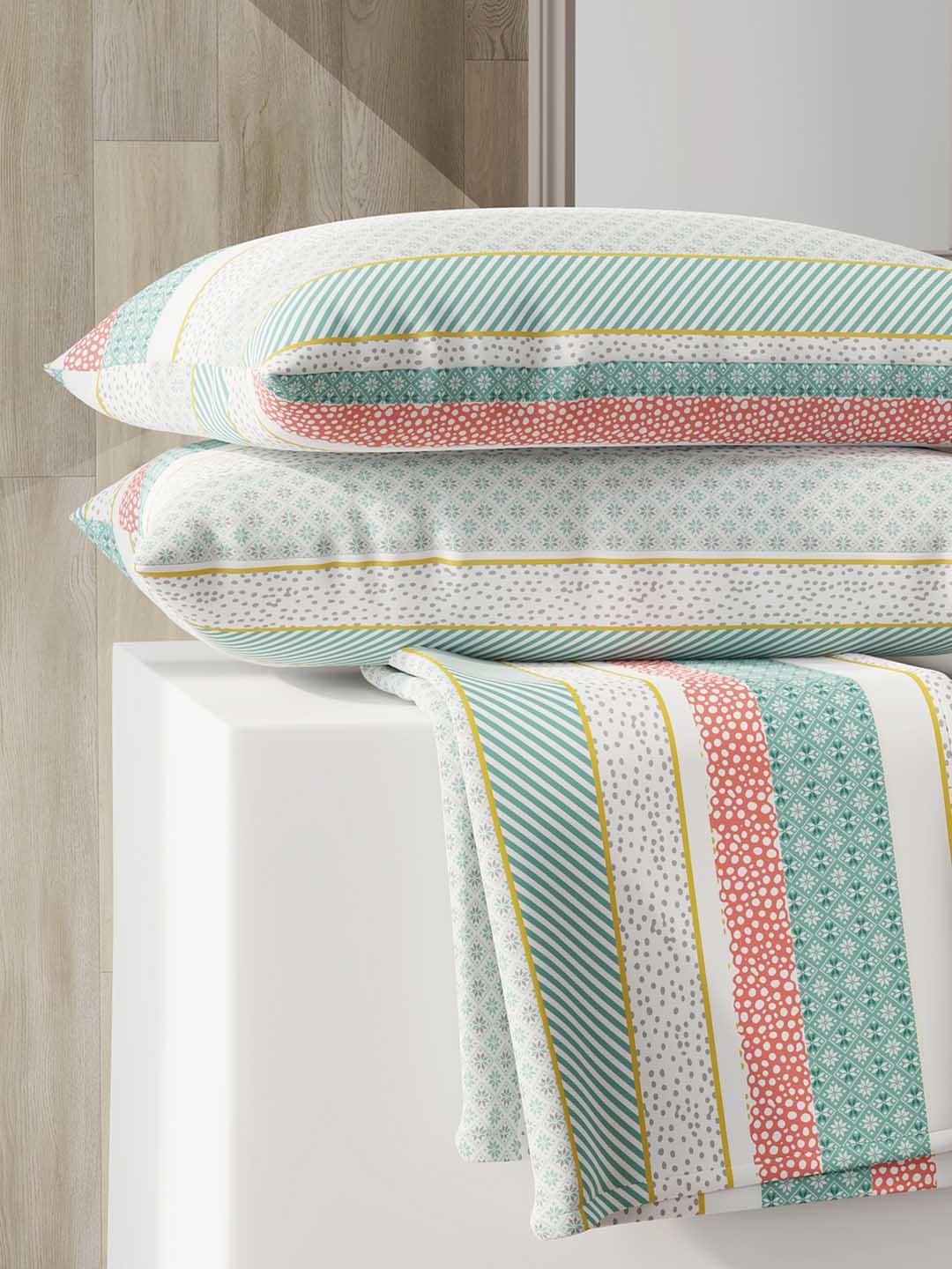 

Layers Zen Green & White Striped 225 TC King Bedsheet with 2 Pillow Covers
