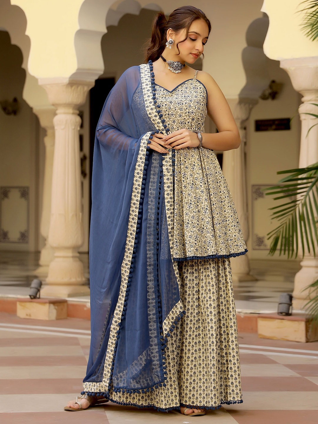 

Lirose Floral Printed Anarkali Kurta with Sharara & With Dupatta, Cream