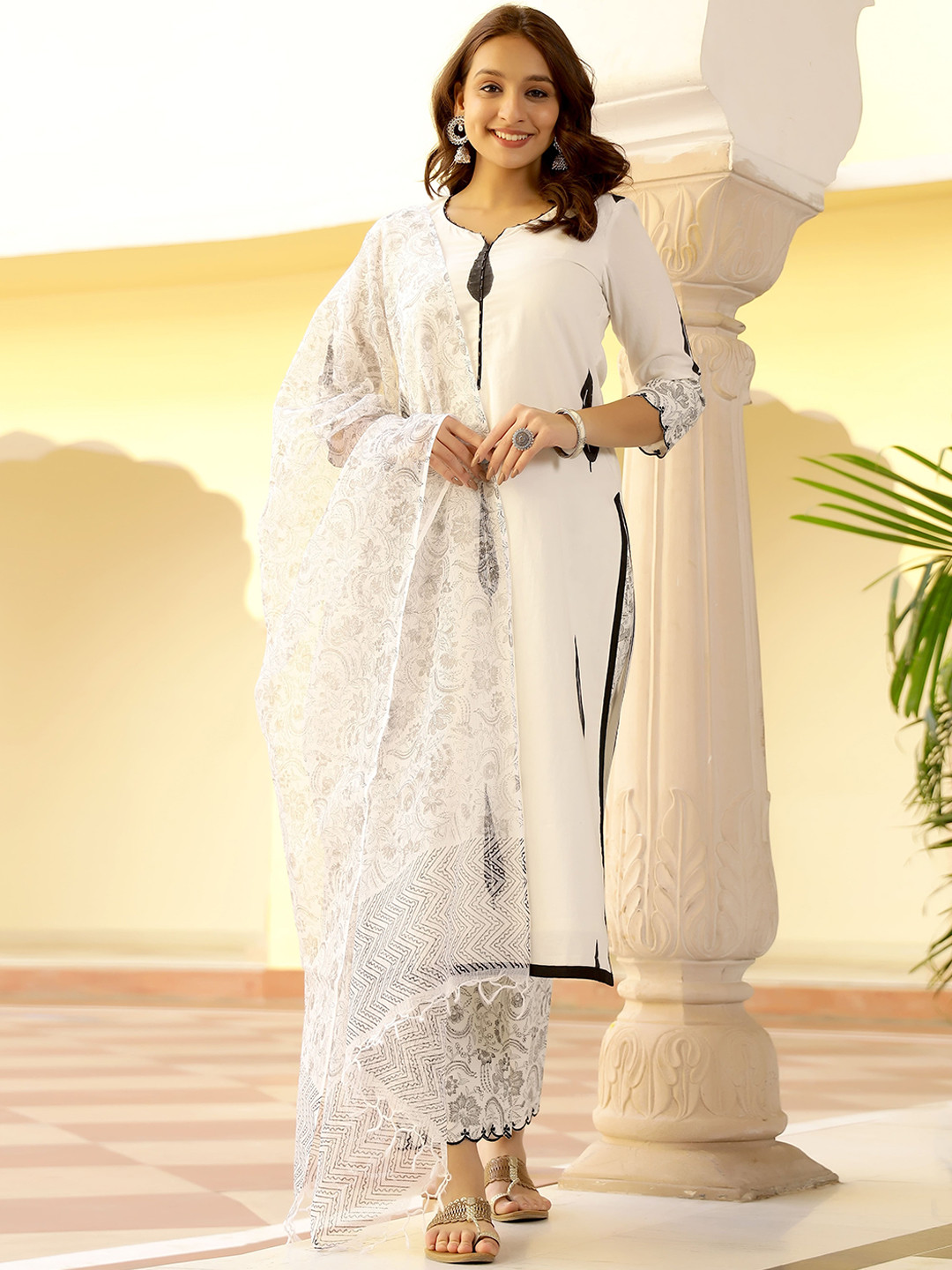 

Lirose Pure Cotton Kurta & Trousers With Dupatta, White