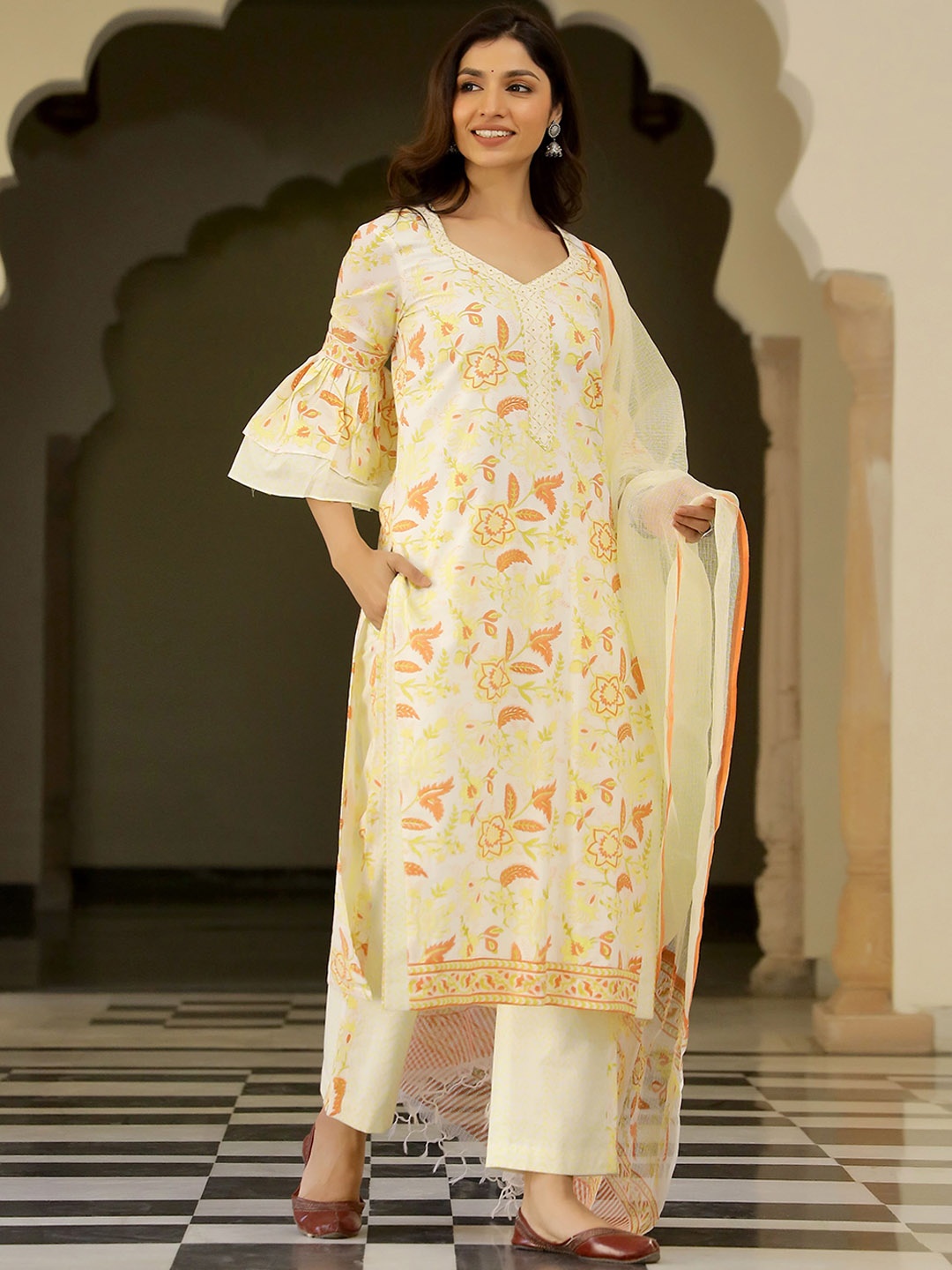 

Lirose Floral Printed Pure Cotton Kurta & Trousers With Dupatta, Yellow