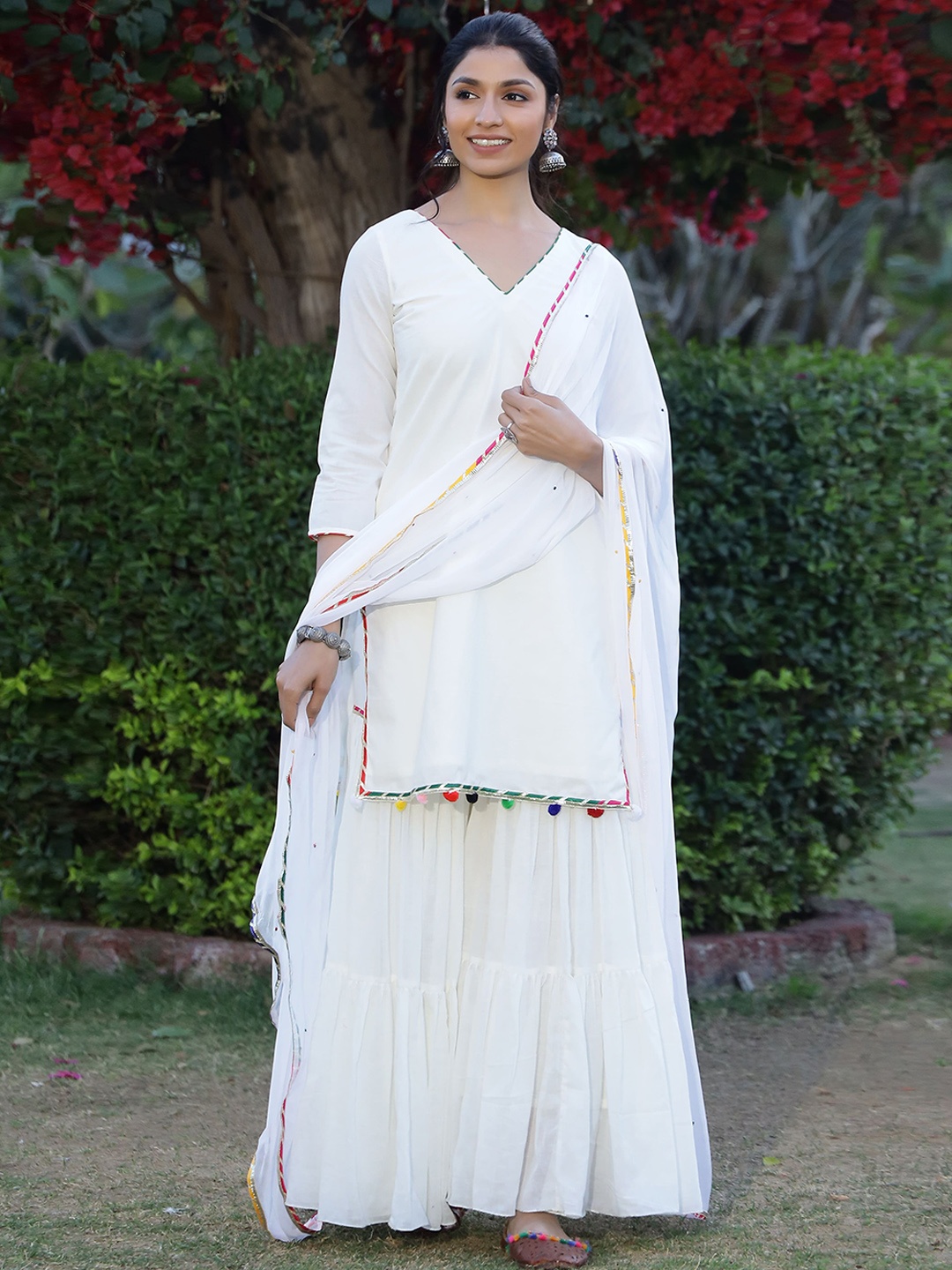 

Lirose V-Neck Pure Cotton Kurta with Sharara & Dupatta, White