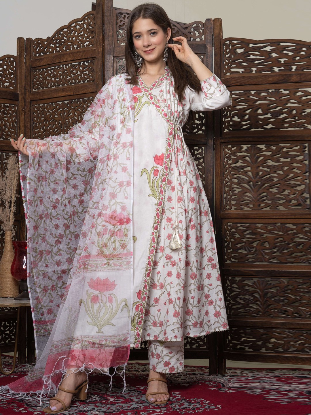

Lirose Floral Printed Angrakha Kurta with Trousers & With Dupatta, White