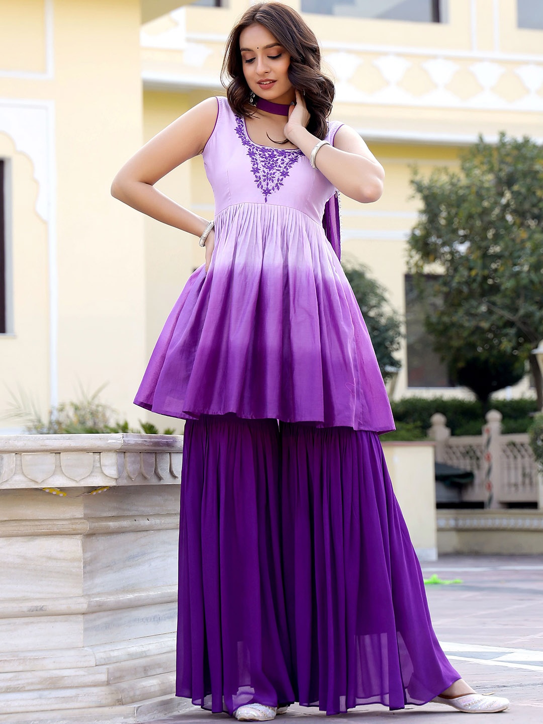 

Lirose Ombre Dyed Sleeveless A-Line Pleated Chanderi Silk Kurti With Sharara & Dupatta, Purple