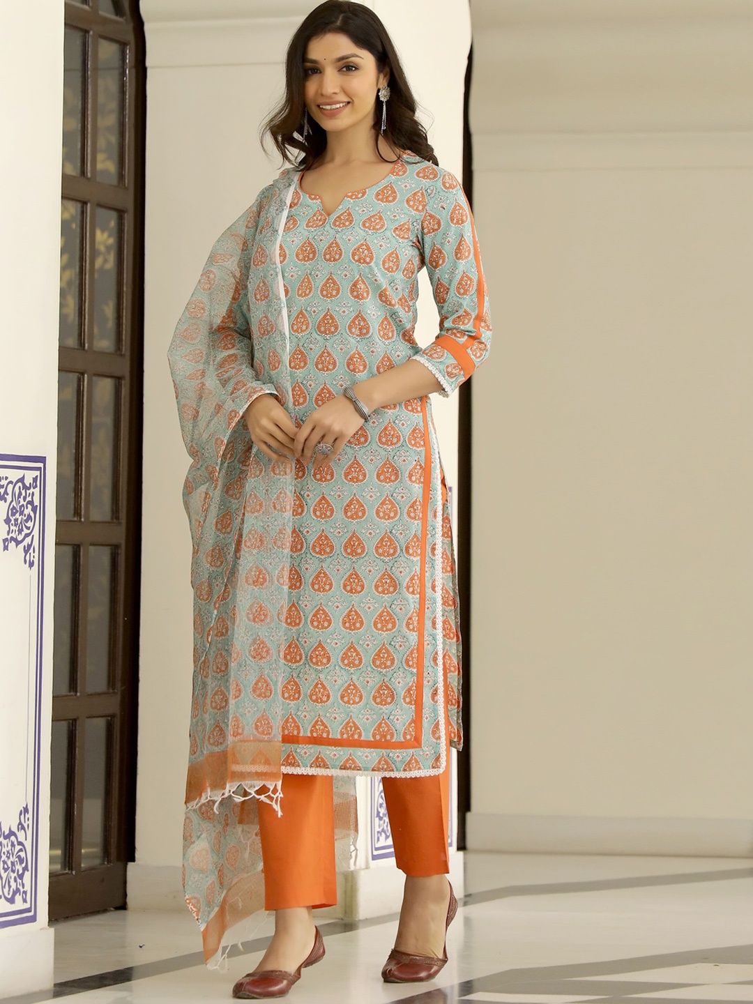 

Lirose Ethnic Motifs Printed Pure Cotton Kurta with Trousers & Dupatta, Blue