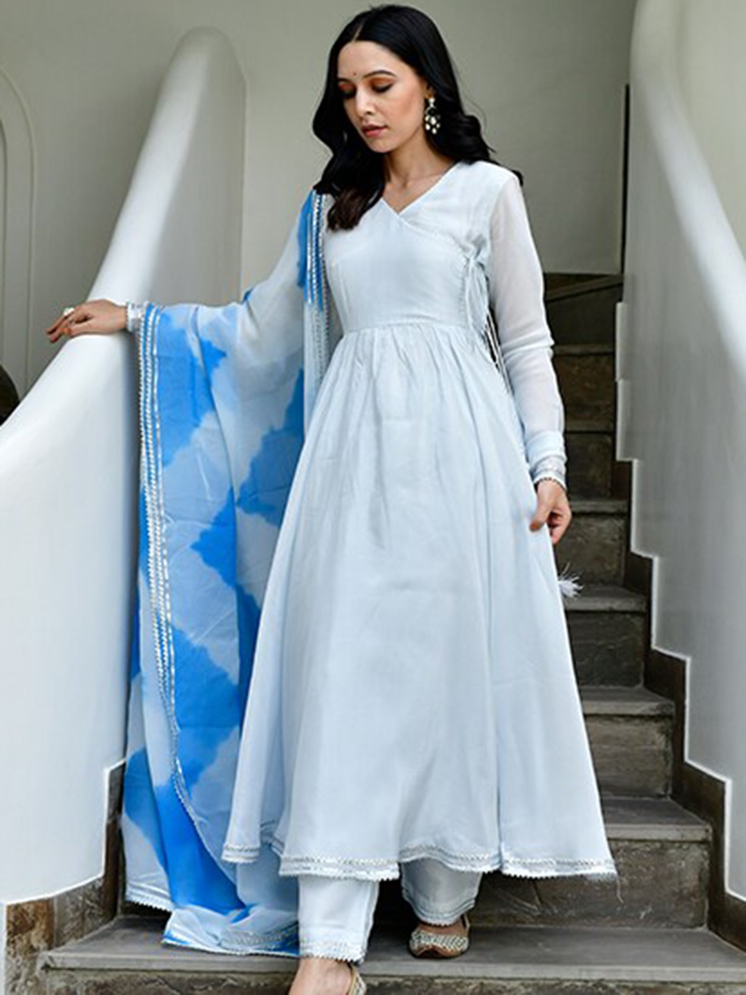 

Lirose Angrakha Gotta Patti Pure Silk Kurta & Trousers With Dupatta, Blue