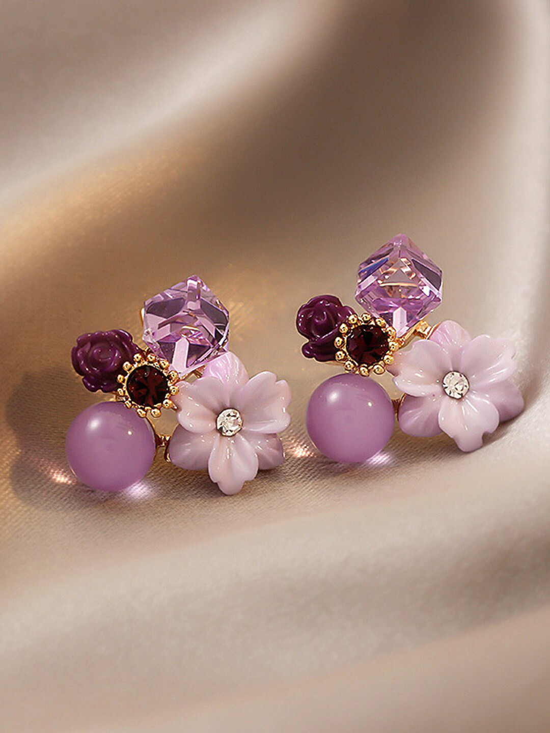 

VAGHBHATT Crystals Pearl Floral Studs Earrings, Purple