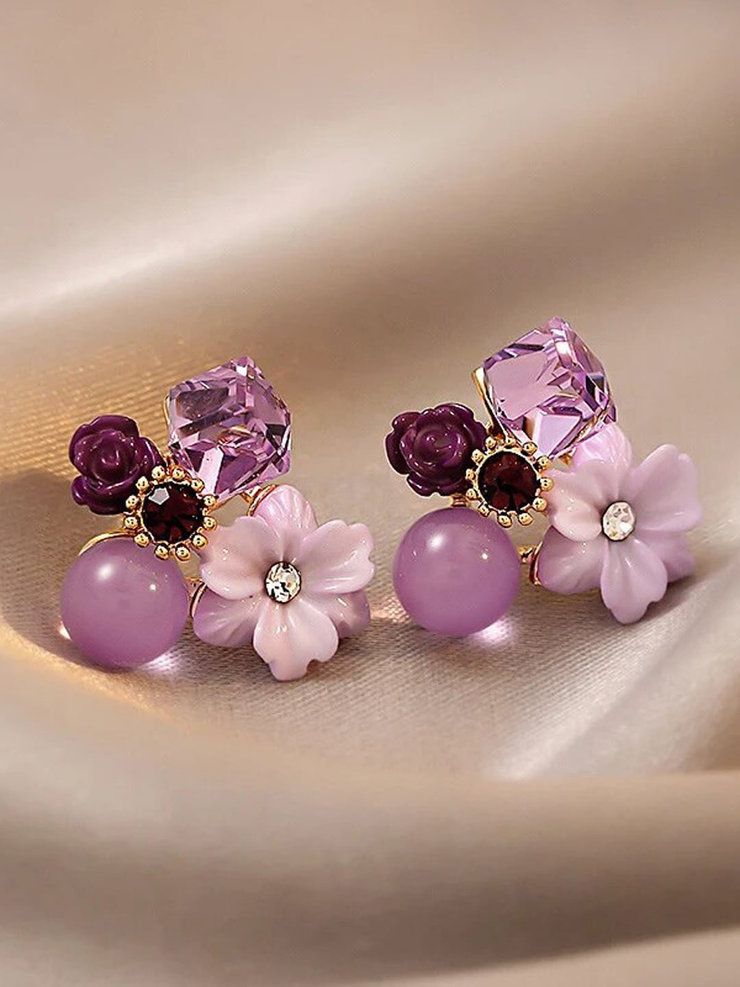 

VAGHBHATT Crystals Pearl Floral Studs Earrings, Purple