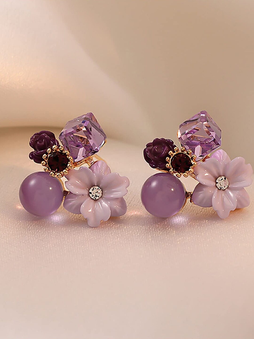 

VAGHBHATT Crystals Pearl Floral Studs Earrings, Purple