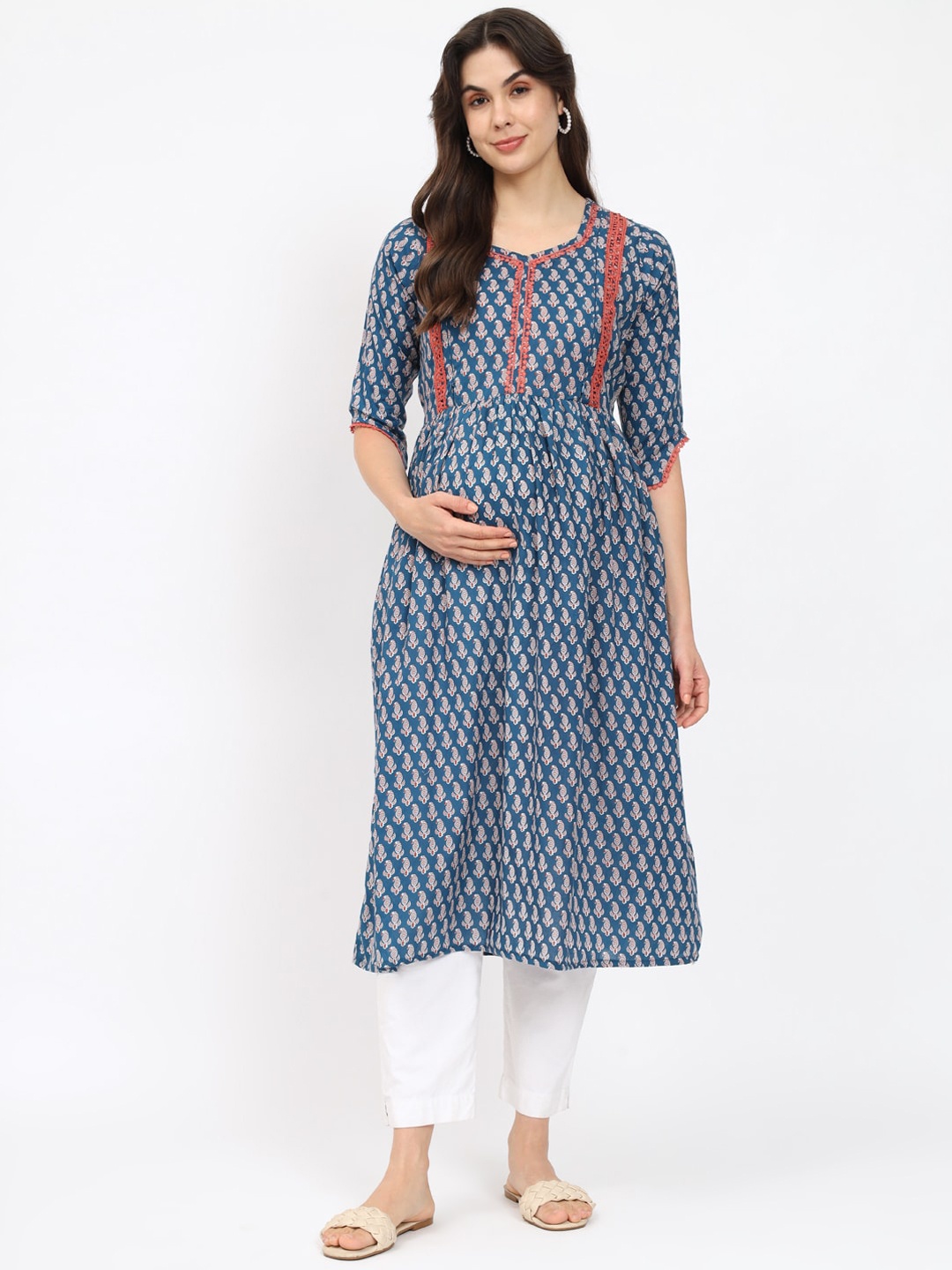 

Aujjessa Ethnic Motifs Printed Round Neck Pure Cotton Maternity Feeding Anarkali Kurta, Blue