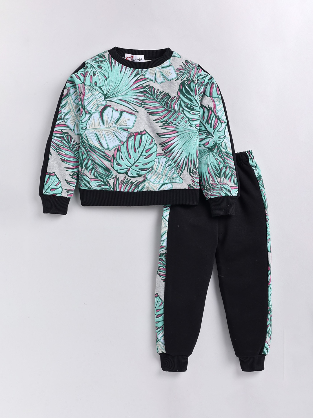 

M'andy Girls Tropical Printed Long Sleeves Fleece Sweatshirt & Joggers, Black