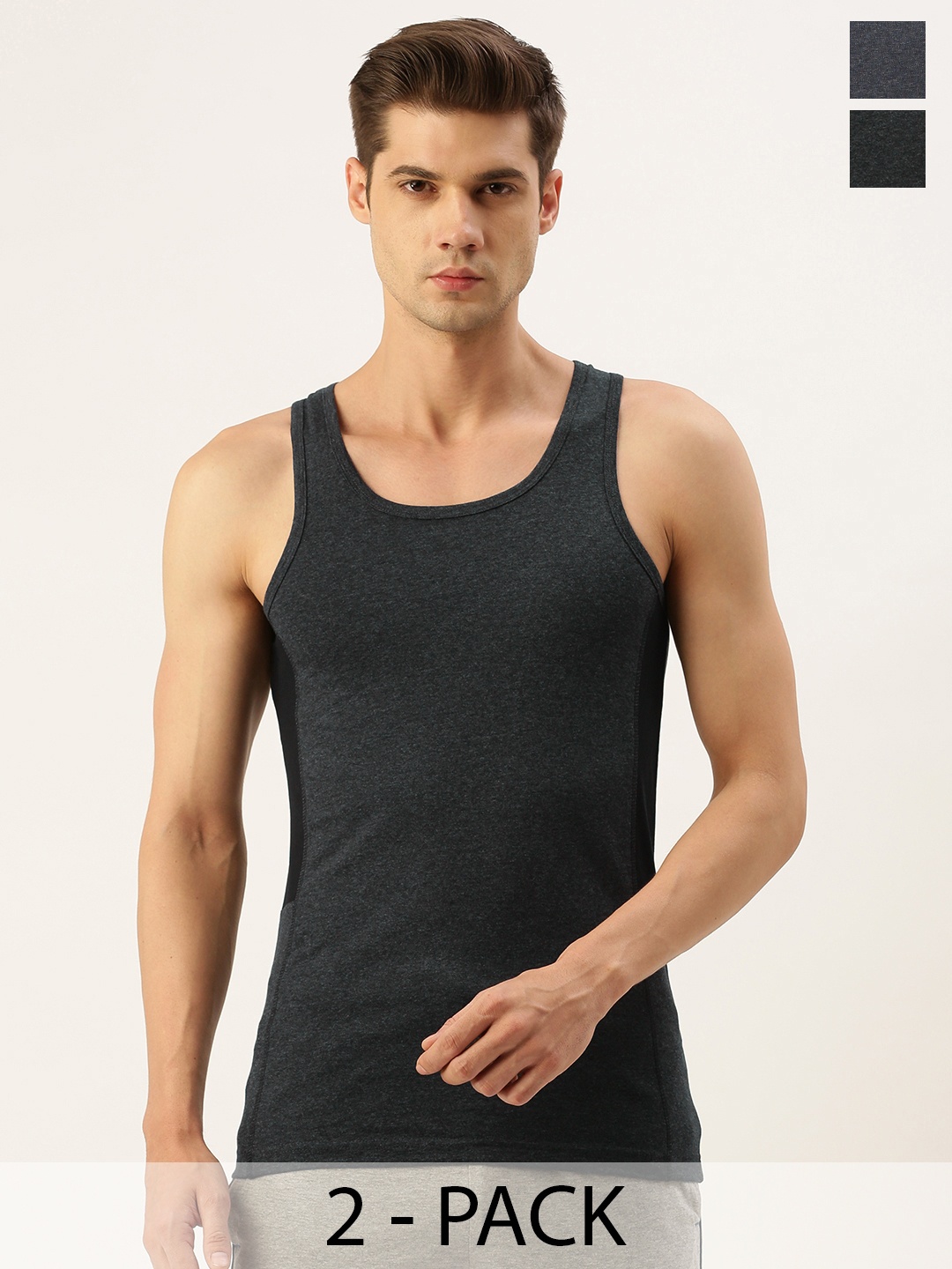 

Chromozome Pack Of 2 Cotton Innerwear Vests, Charcoal