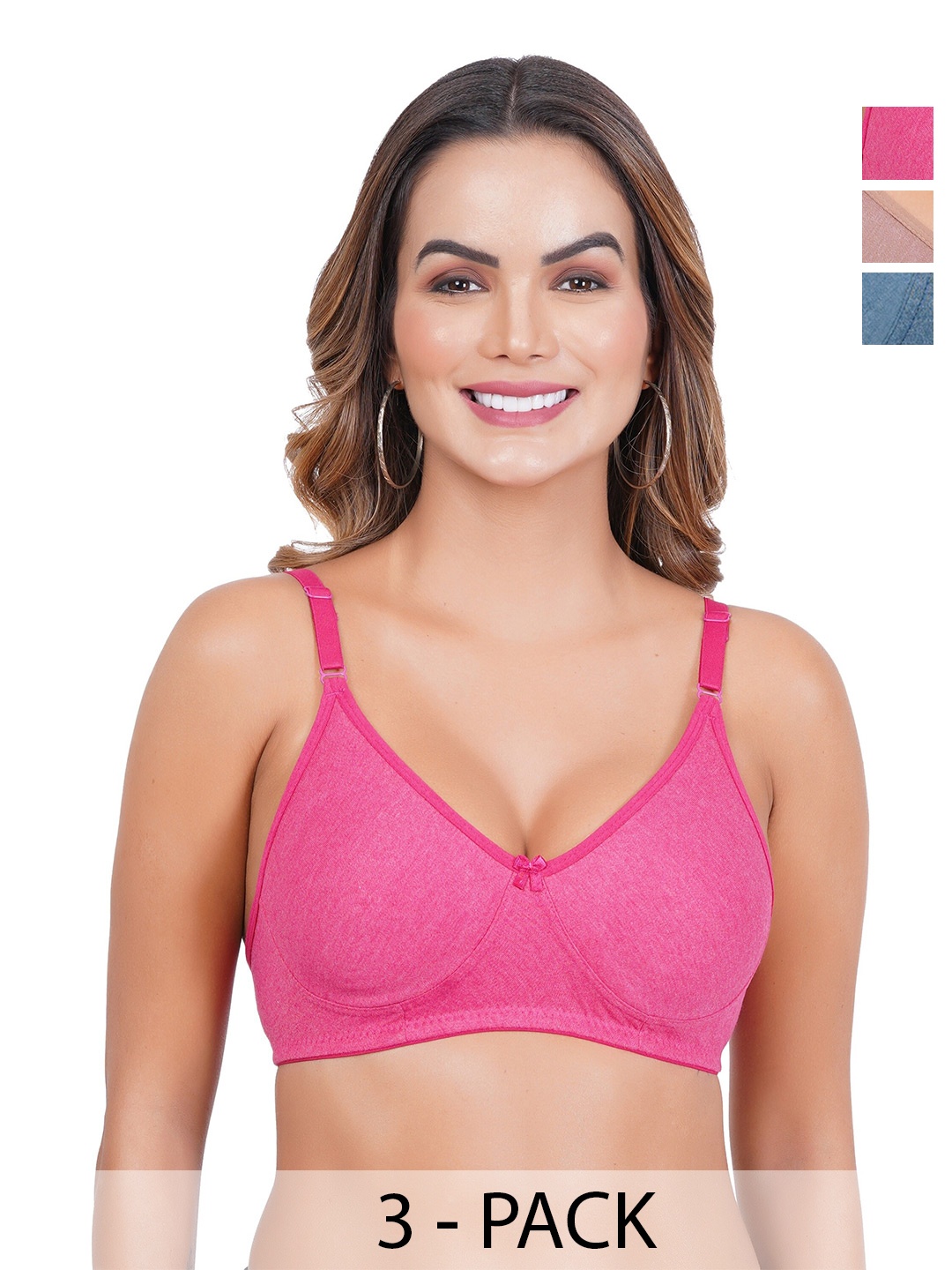 

Liigne Plus Size Pack Of 3 Full Coverage Non Padded Everyday Bra With All Day Comfort, Pink