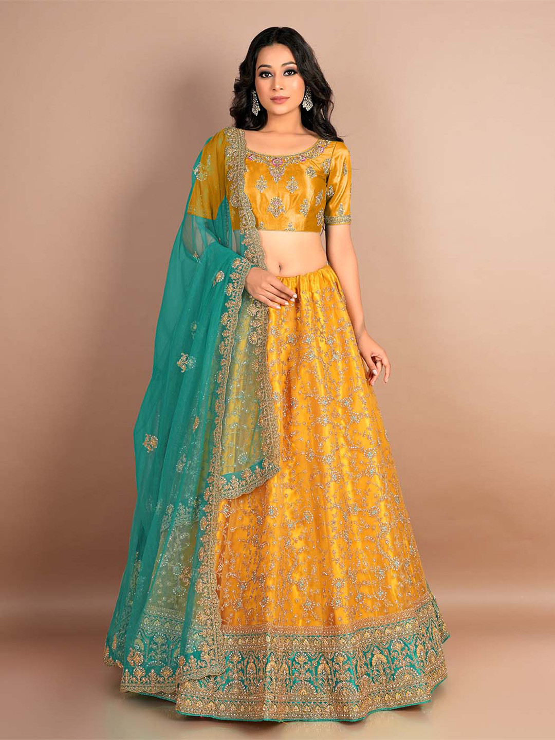 

HALFSAREE STUDIO Embroidered Semi-Stitched Lehenga & Unstitched Blouse With Dupatta, Mustard