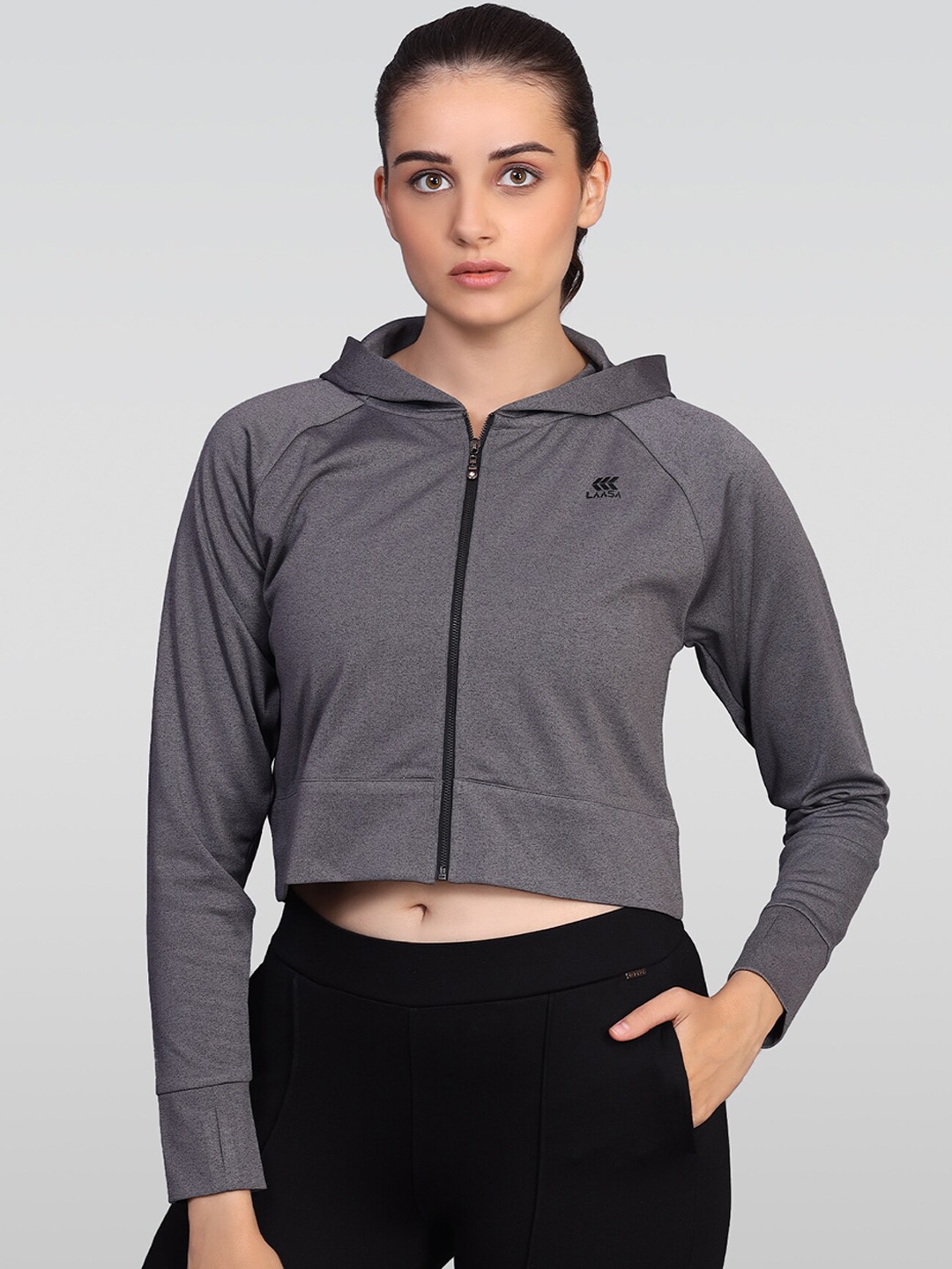 

LAASA SPORTS Lightweight Hooded Crop Open Front Jacket, Grey melange