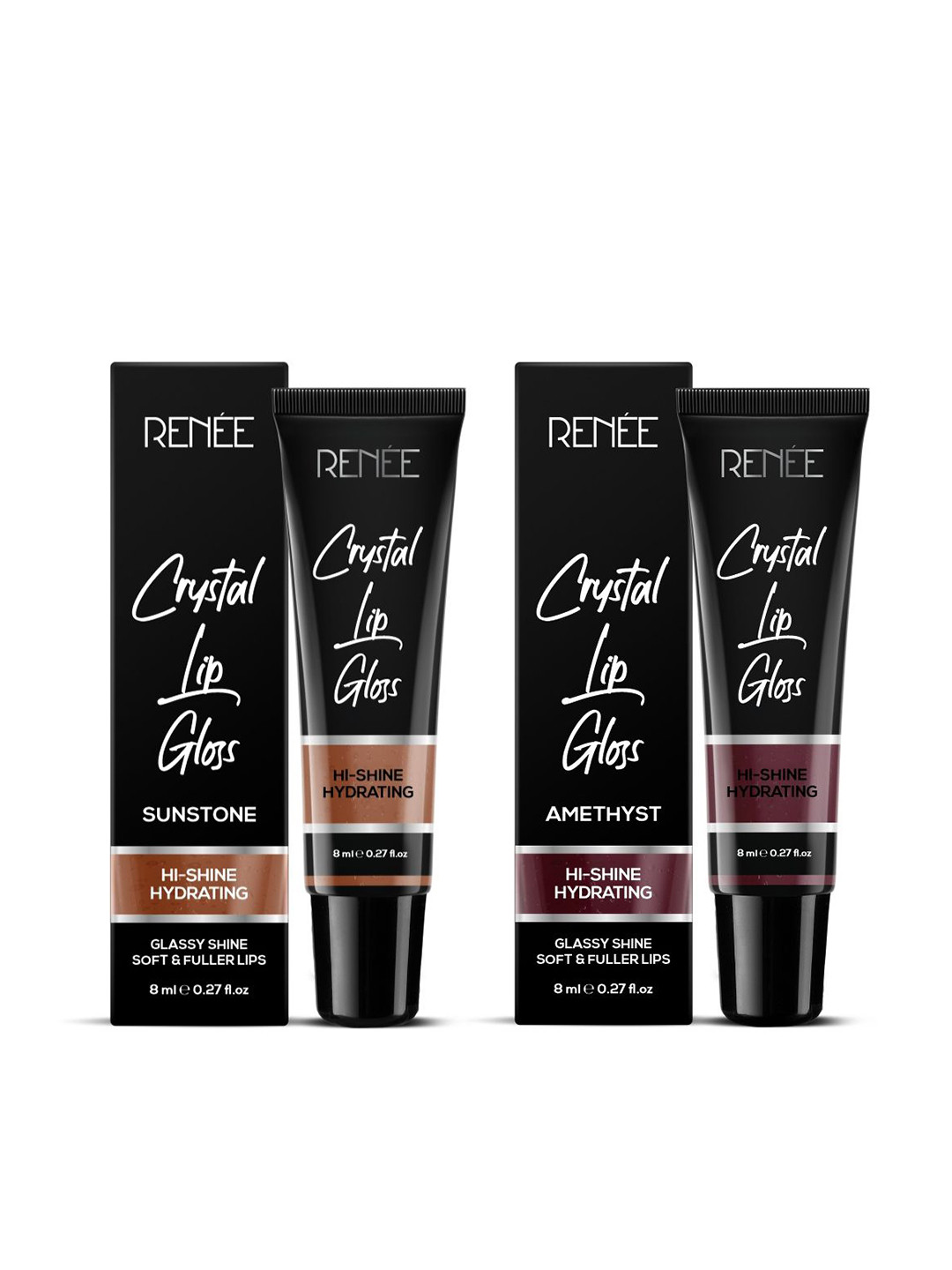 

Renee Crystal Hi-Shine Glassy Hydrating Lip Gloss Duo 8ml each - Sunstone 03 & Amethyst 07, Brown