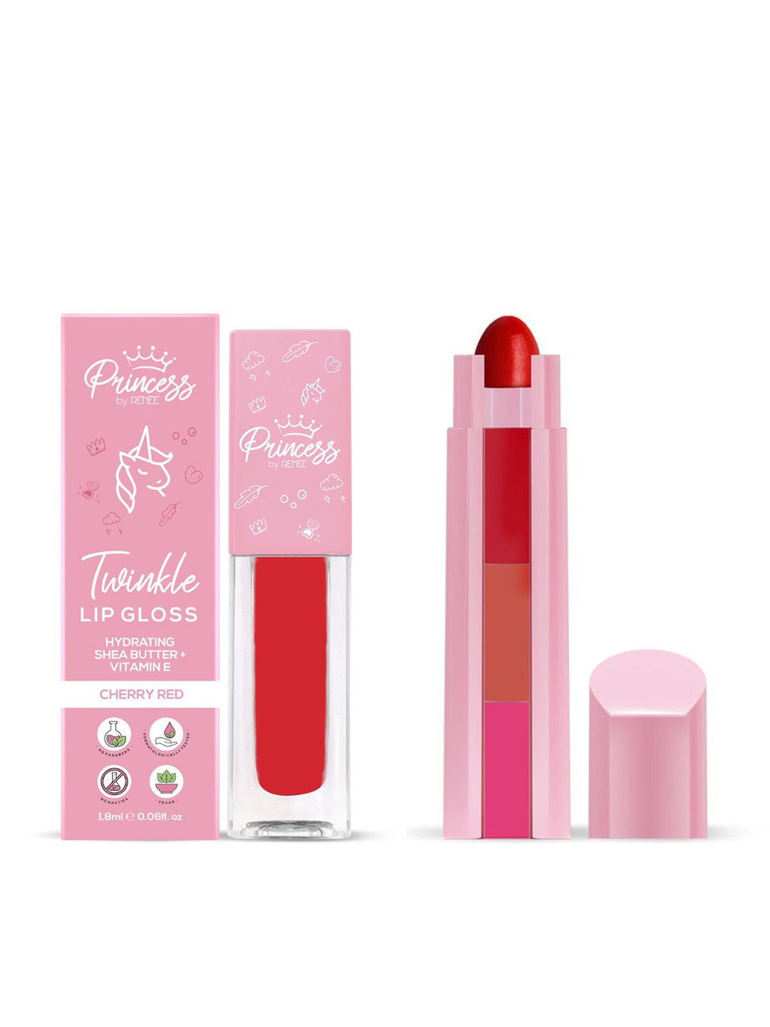 

Renee Princess Candy 3-In-1 Tinted Lipstick & Twinkle Lip Gloss Duo, Pink