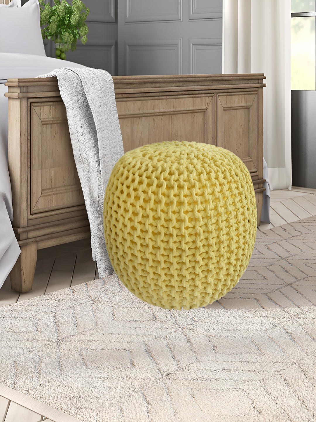 

COMFIDELITAS Yellow Breaded Doori Pouffe Ottoman