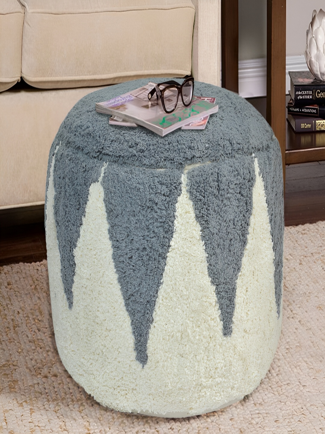 

COMFIDELITAS Grey & Off-White Woven Design Pouffe Ottoman