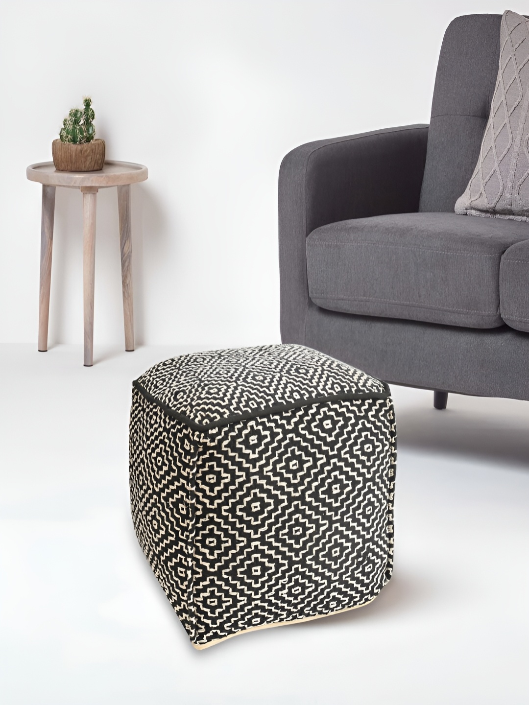 

COMFIDELITAS Black & Beige Woven Design Pouffe Ottoman