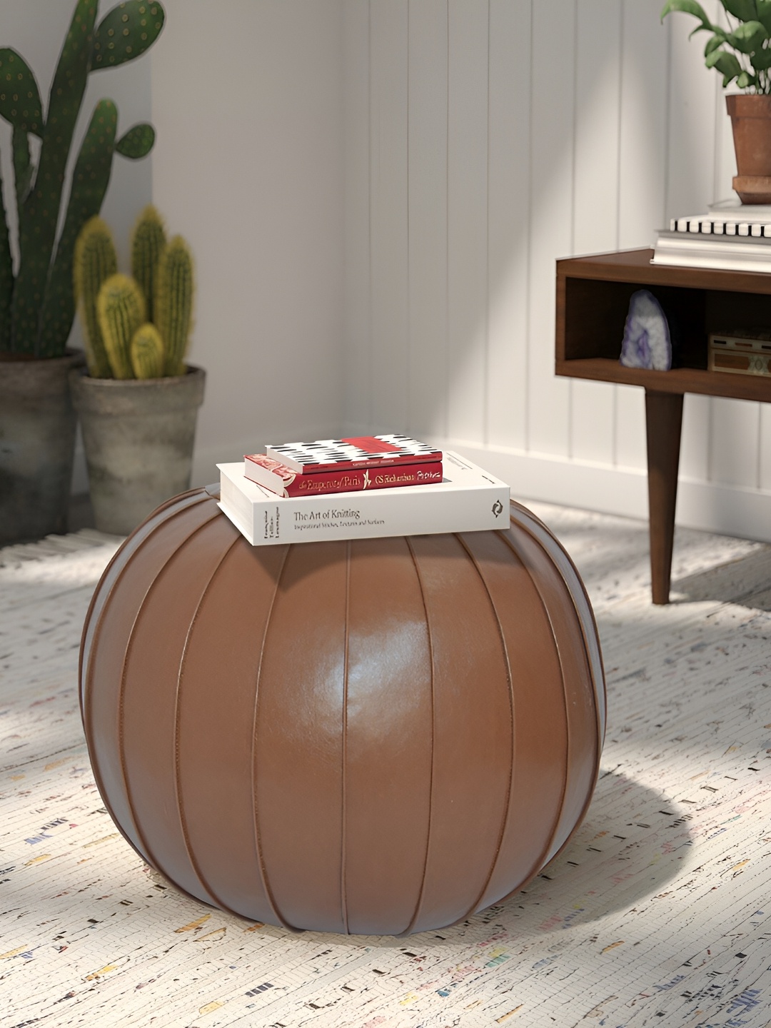 

COMFIDELITAS Brown Leather Pouffe Ottoman