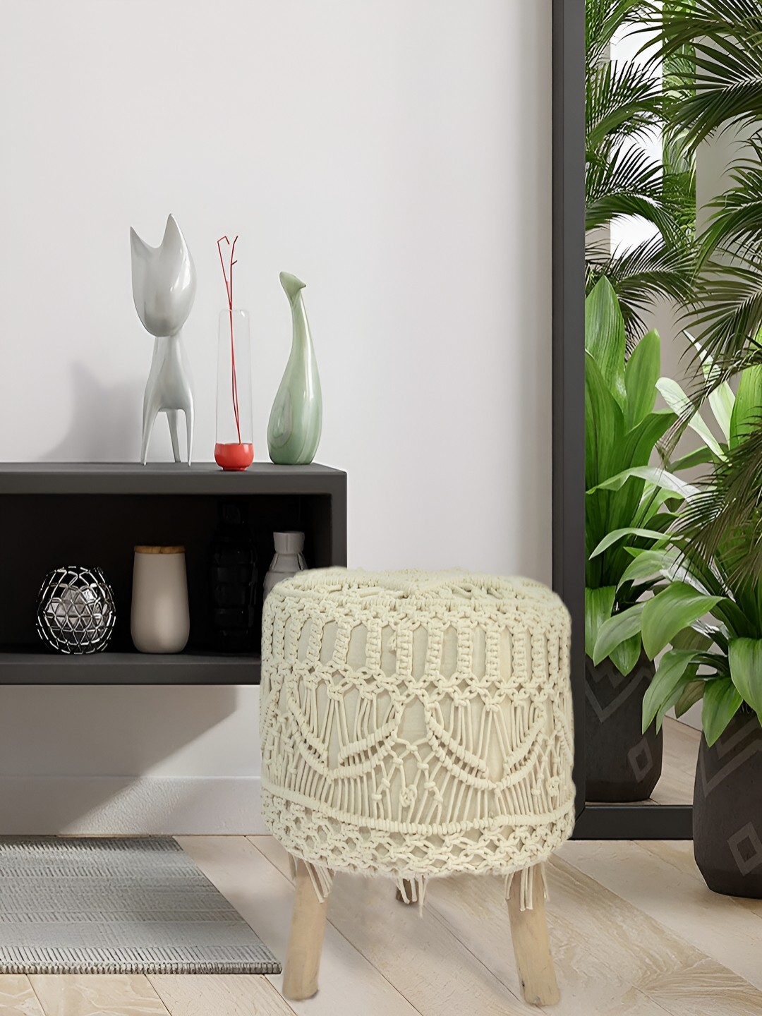 

COMFIDELITAS Off White Woven Design Breaded Ottoman