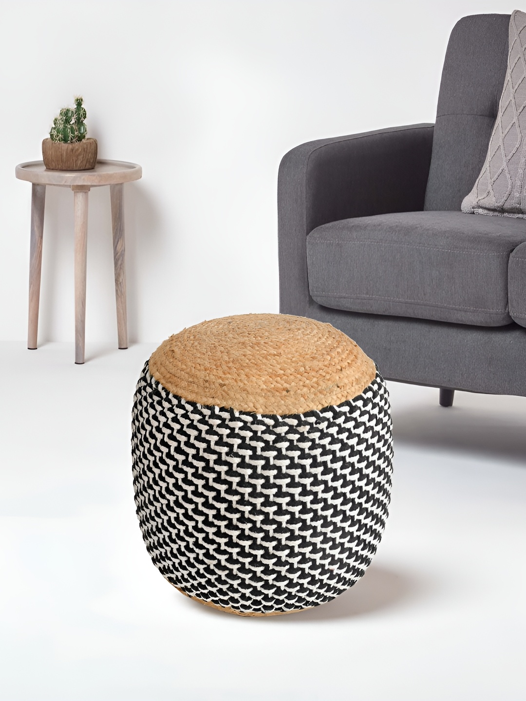 

COMFIDELITAS Beige & White Knitted Printed Pouffe Ottoman