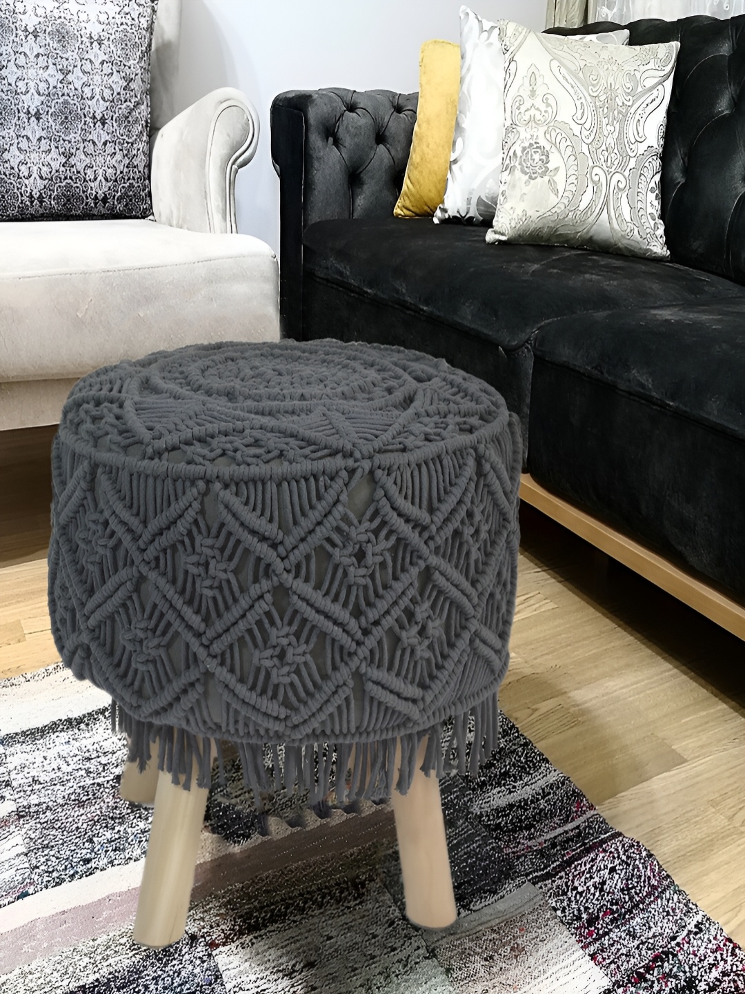 

COMFIDELITAS Black Woven Design Stool Ottoman