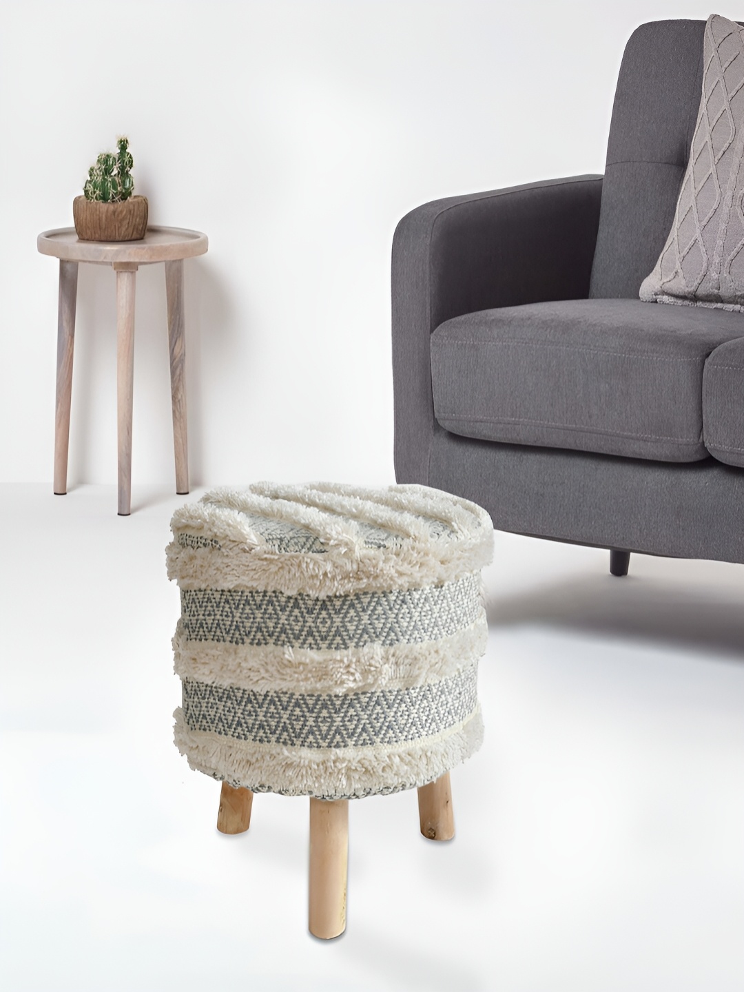 

COMFIDELITAS Blue & Beige Woven Design Foot Stool Ottoman