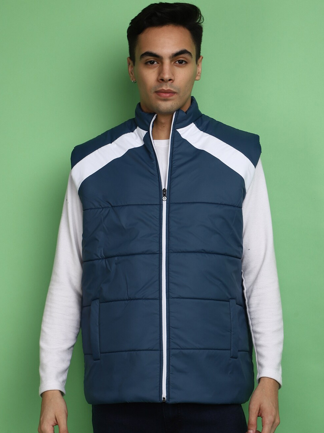 

V-Mart Mock Collar Sleeveless Cotton Bomber Jacket, Green