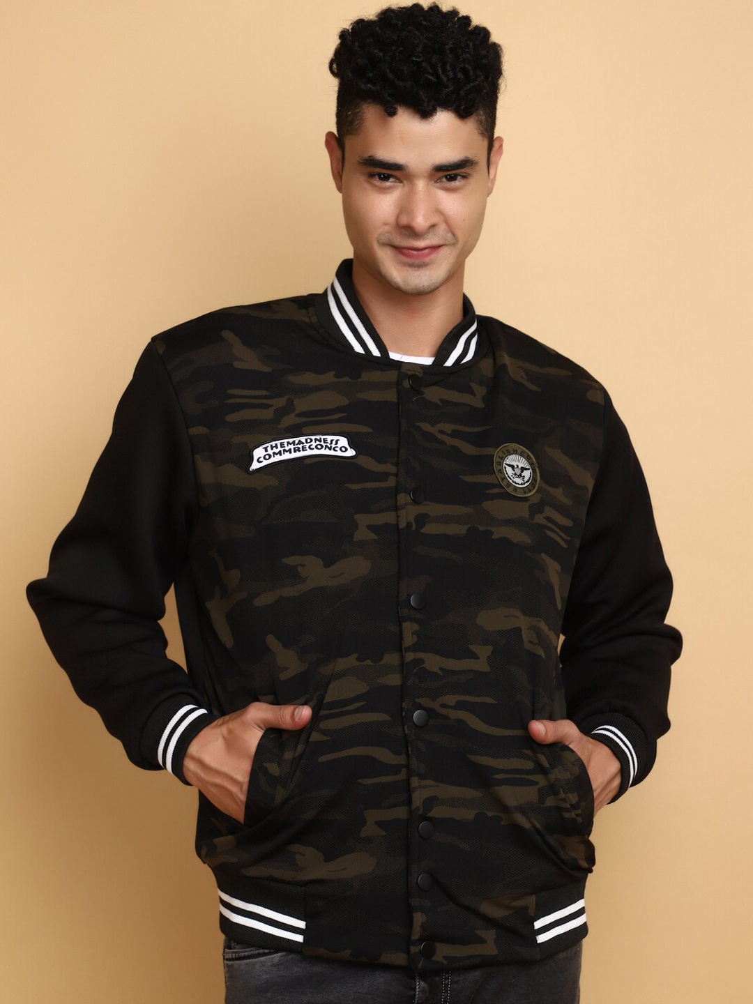 

V-Mart Camouflage Printed Stand Collar Bomber Jacket, Green