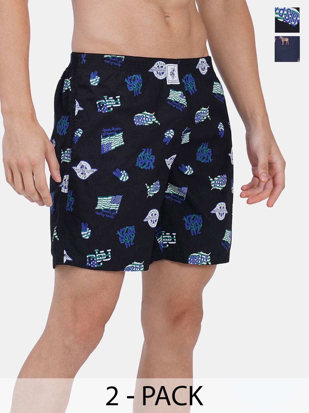 

U.S. Polo Assn. Pack Of 2 Conversational Printed Pure Cotton Boxers, Black