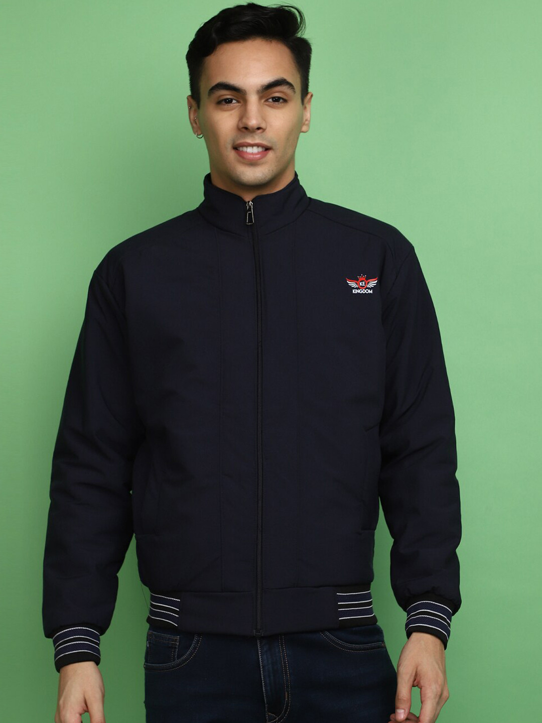 

V-Mart Mock Collar Cotton Bomber Jacket, Navy blue