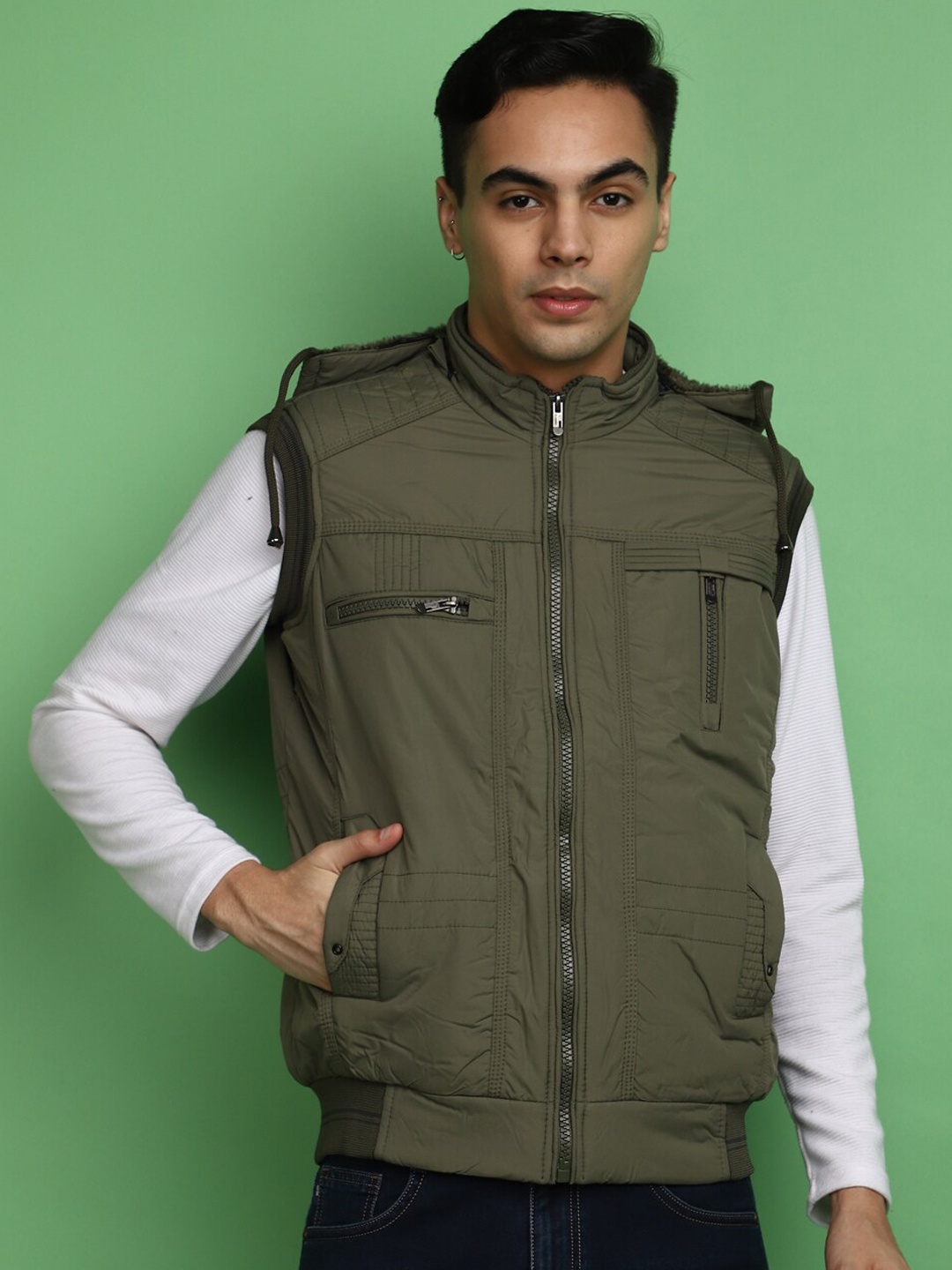 

V-Mart Hooded Sleeveless Cotton Jacket, Green