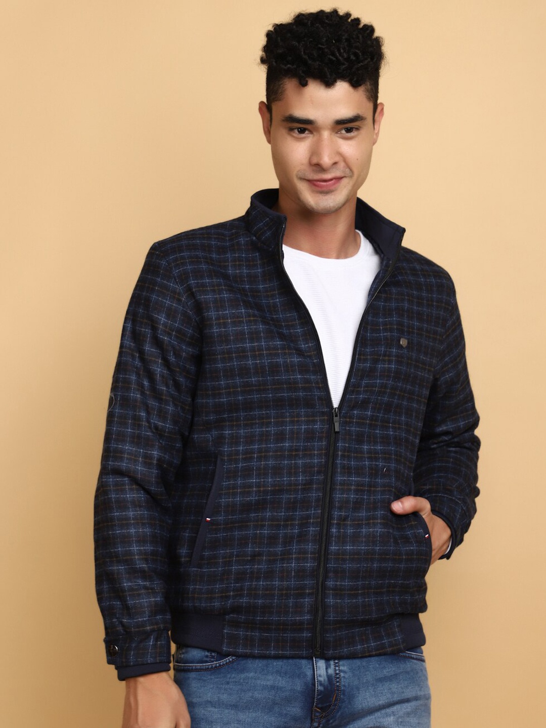 

V-Mart Checked Mock Collar Cotton Bomber Jacket, Blue