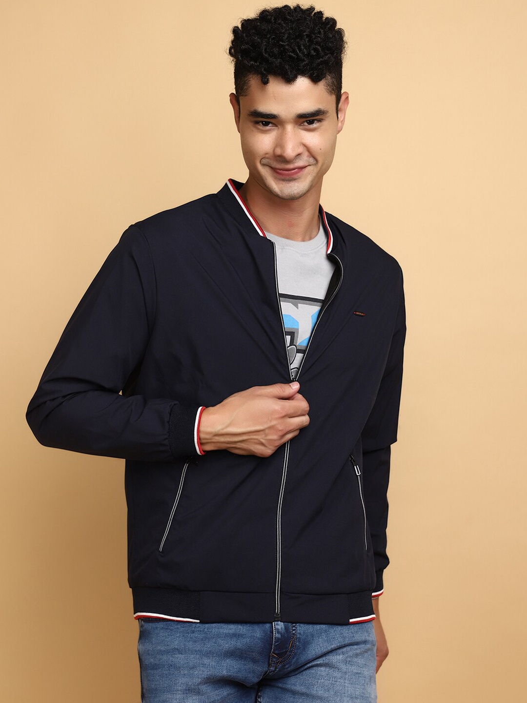 

V-Mart Stand Collar Bomber Jacket, Blue