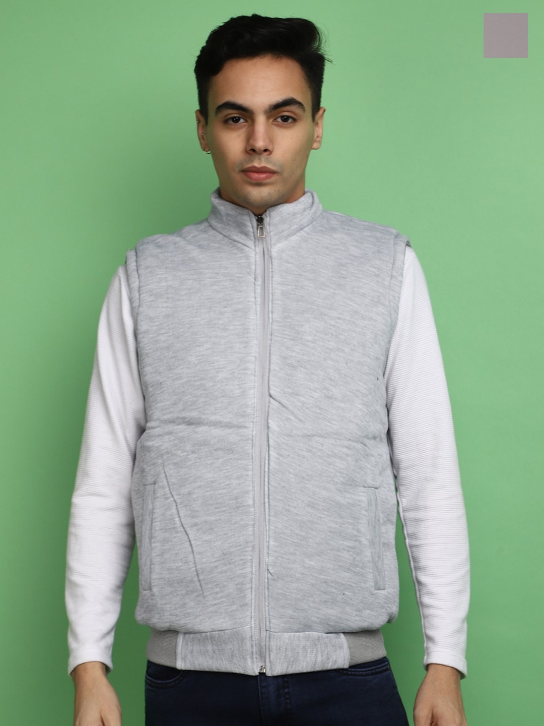 

V-Mart Colourblocked Mock Collar Sleeveless Cotton Reversible Padded Jacket, Grey