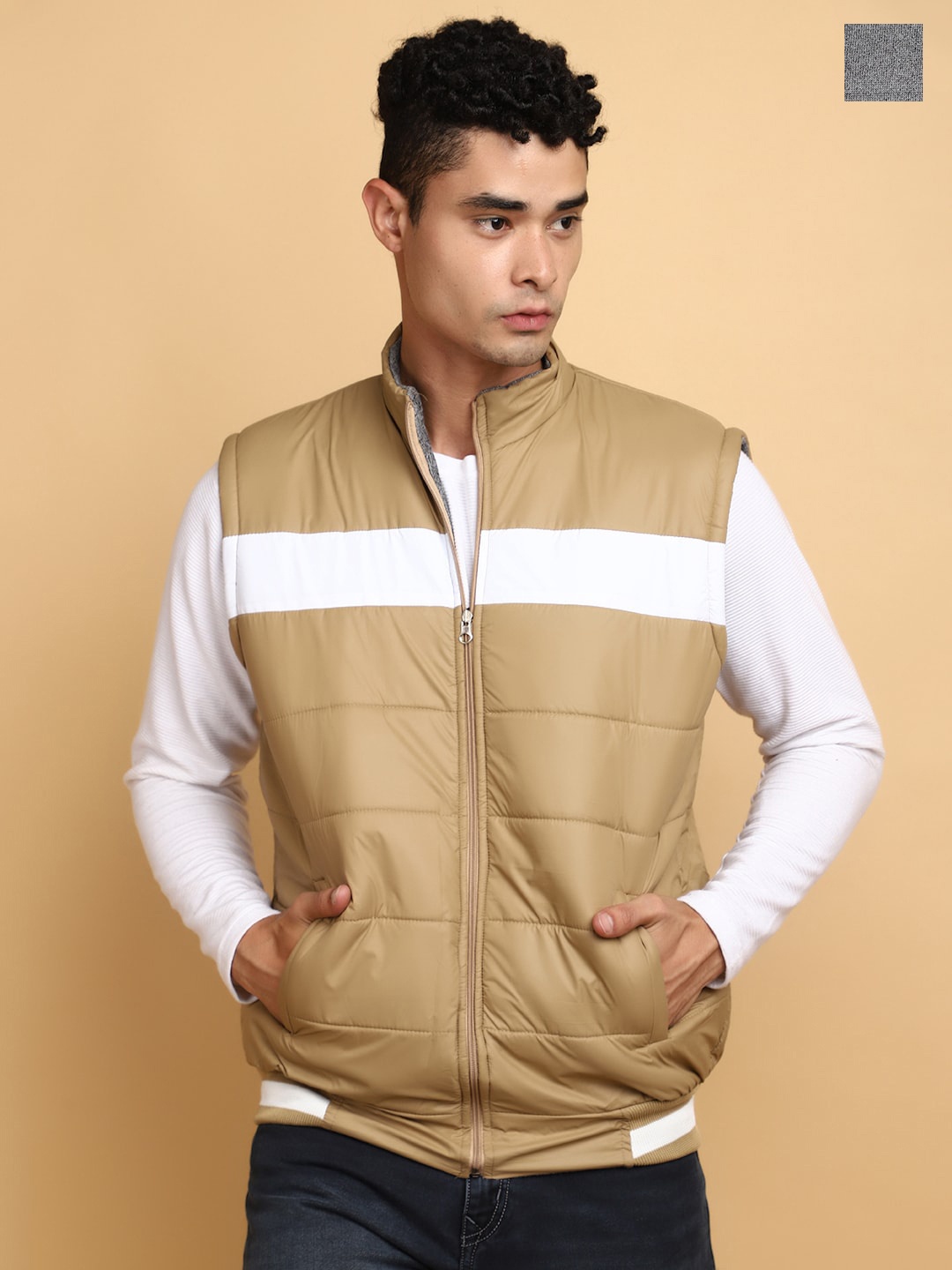 

V-Mart Colourblocked Stand Collar Sleeveless Cotton Bomber Jacket, Brown