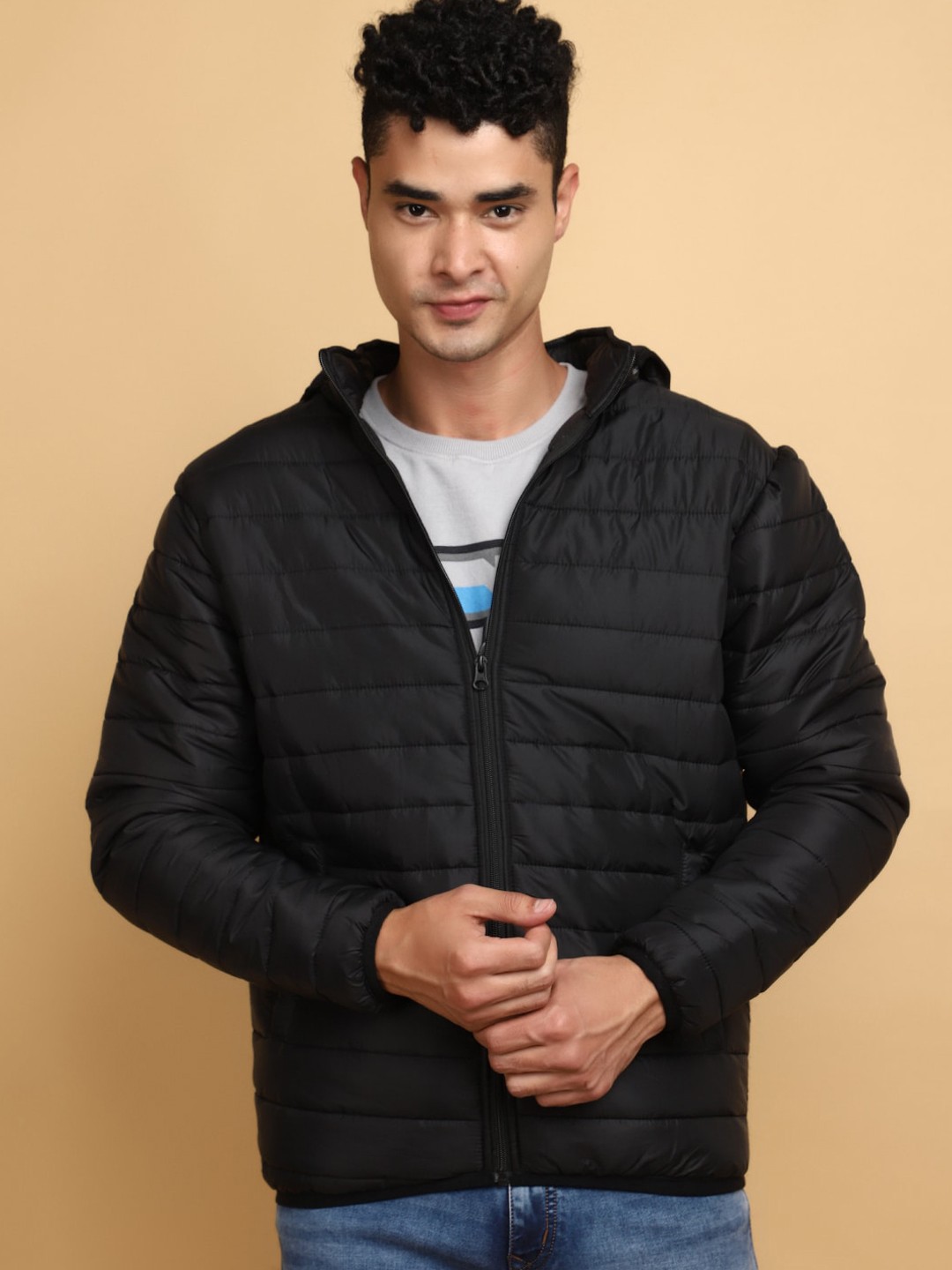 

V-Mart Hooded Neck Long Sleeve Zip Detail Cotton Puffer Jacket, Black