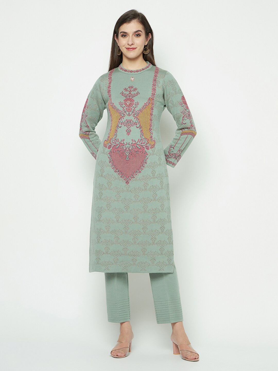 

Knitstudio Ethnic Motifs Printed Acrylic Kurta with Trousers, Sea green