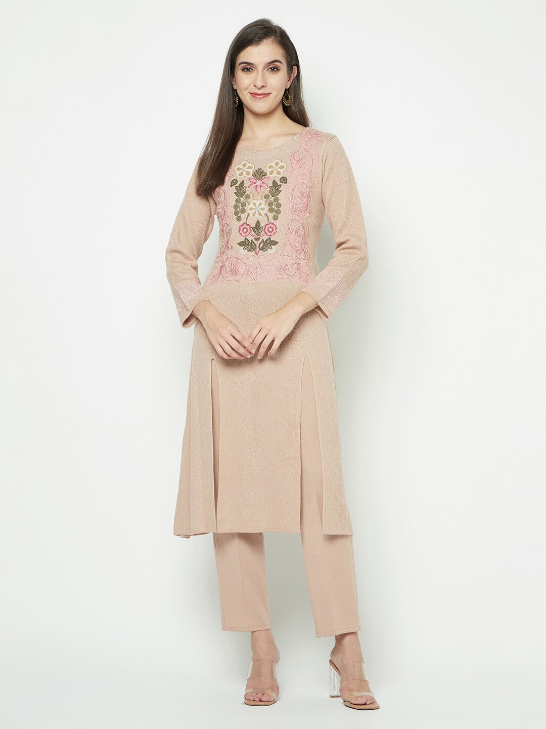 

Knitstudio Floral Woven Design Regular Kurta with Trousers, Beige