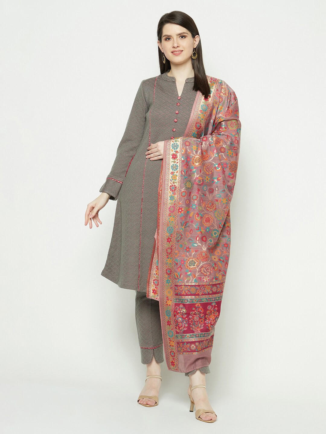 

Knitstudio Woven Design Straight Kurta & Trousers With Dupatta, Grey