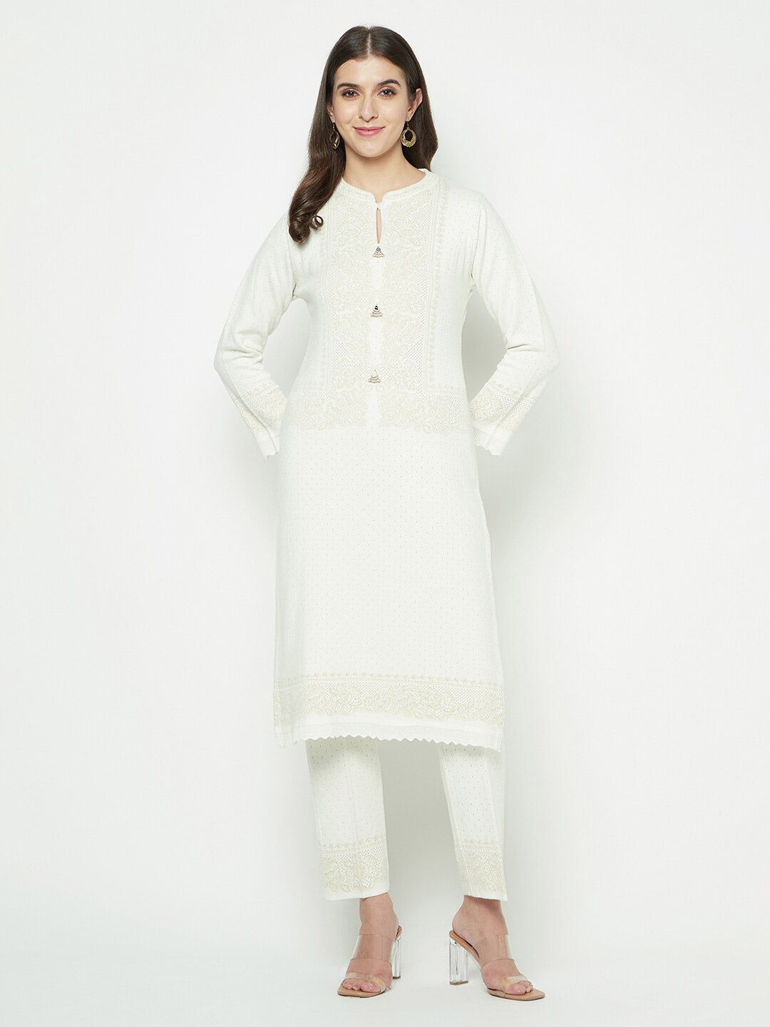 

Knitstudio Ethic Motifs Woven Design Mandarin Collar Acrylic Straight Kurta & Trousers, White